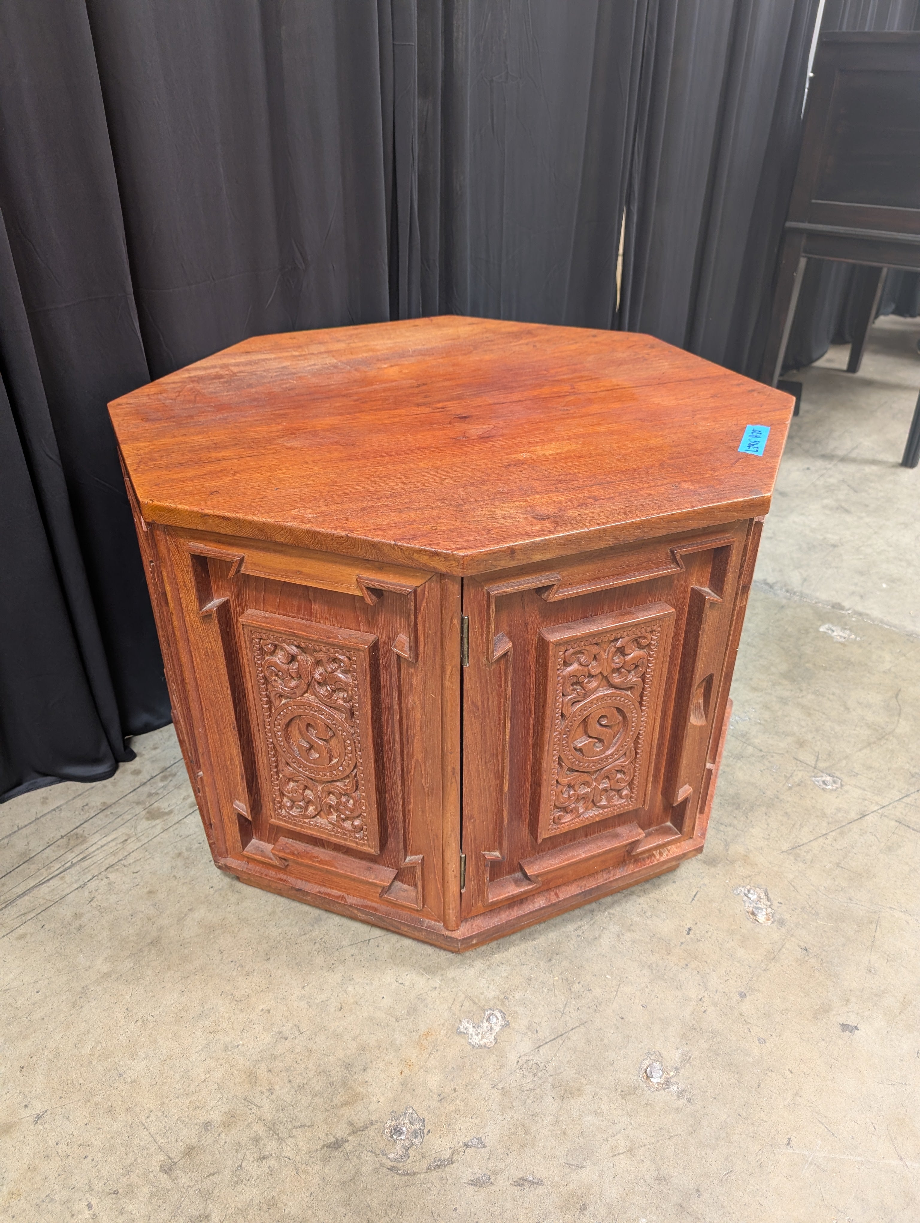 Carved Octagonal End Table in Dark Wood