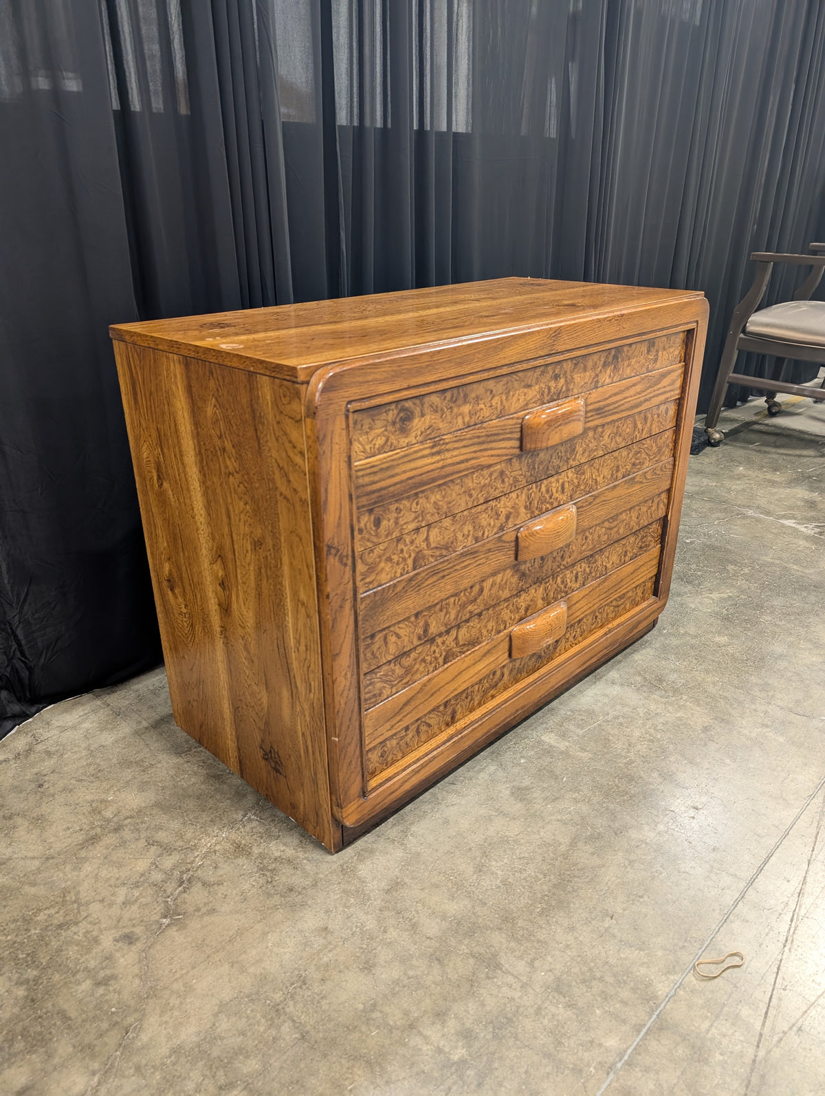 Warm Brown Hardwood Three-Drawer Dresser with Burl Grain Fronts