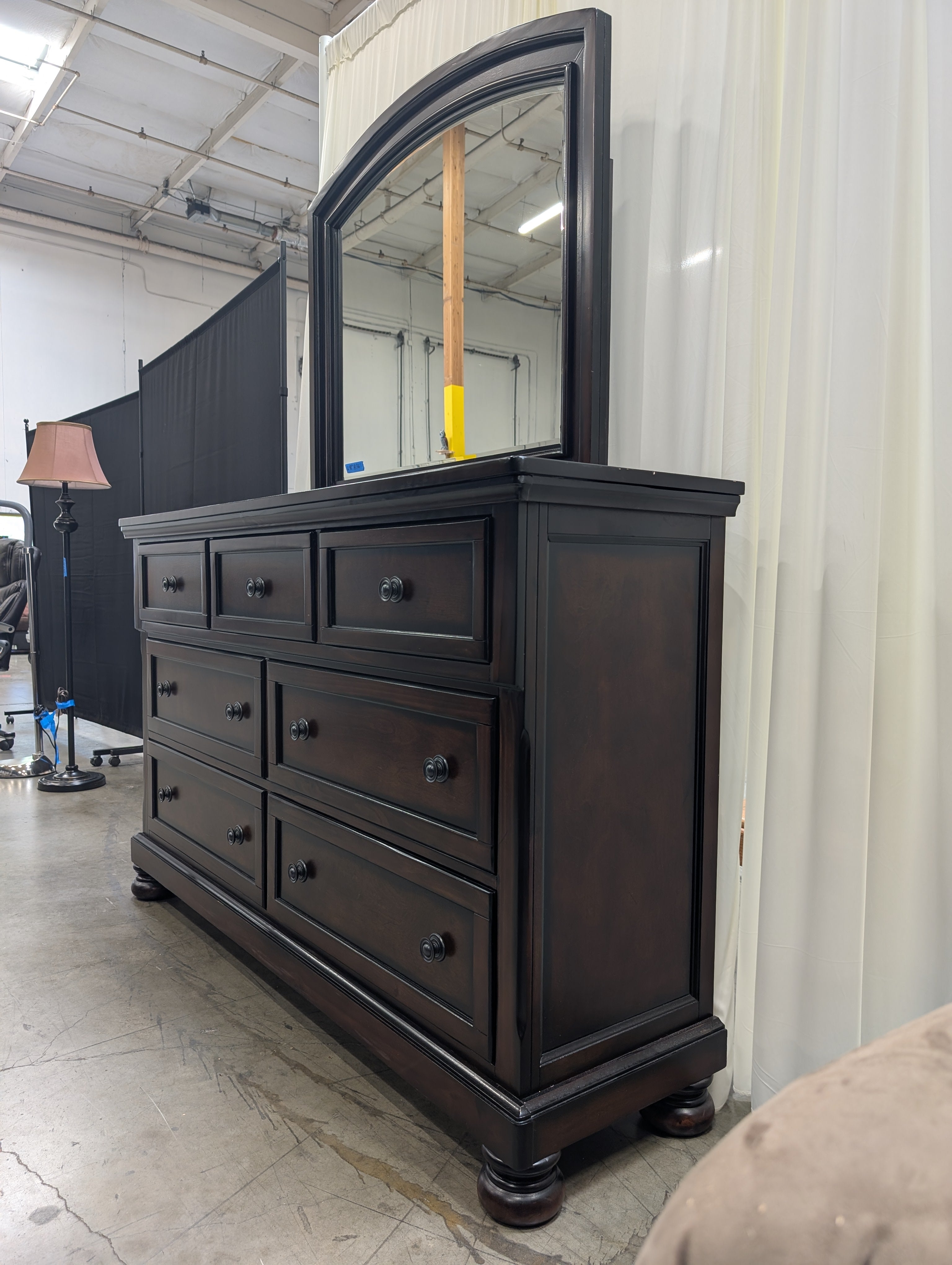 Dark Cherry Wood Dresser with Arched Mirror