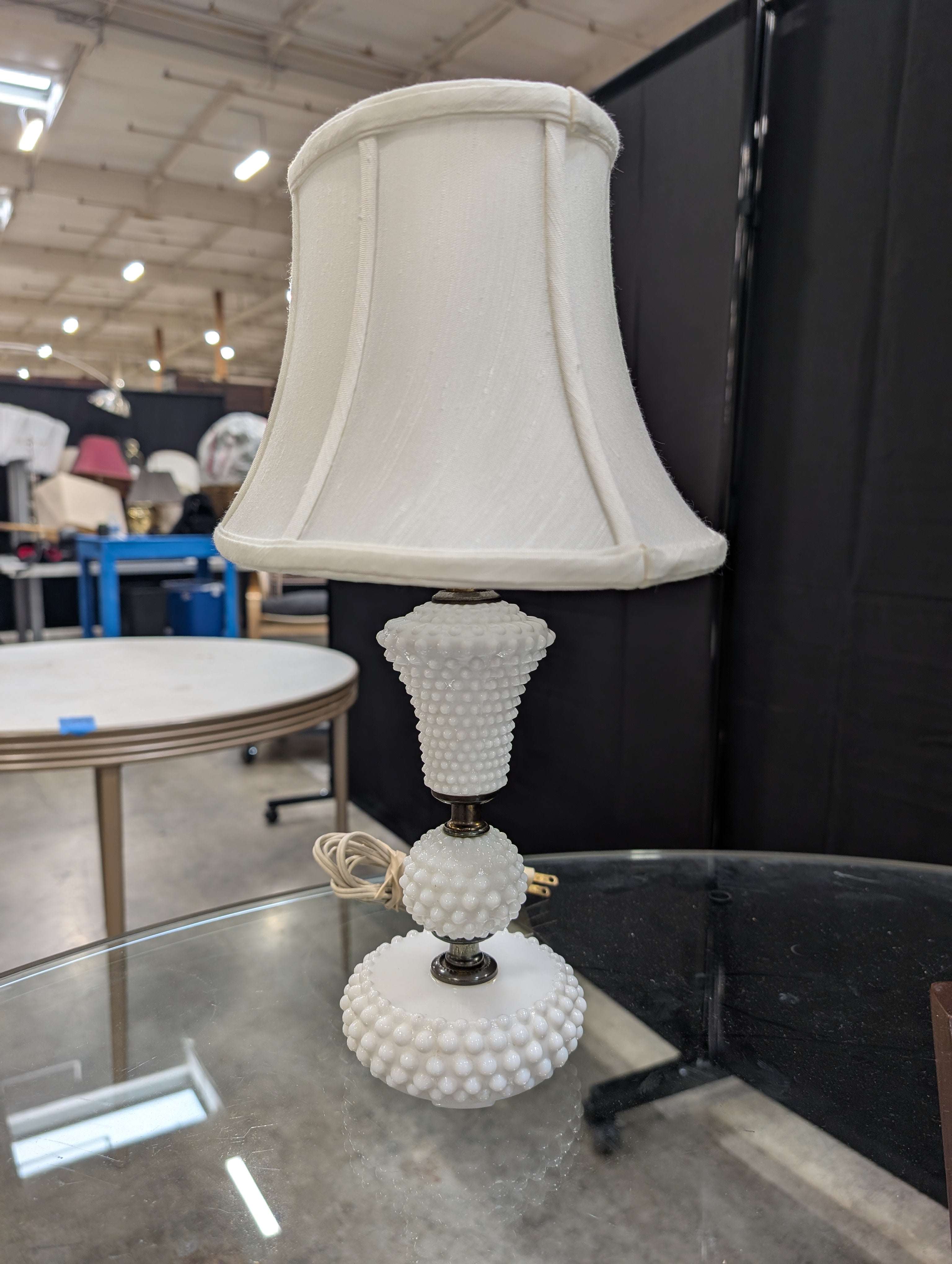 Vintage White Hobnail Milk Glass Table Lamp with Fabric Shade