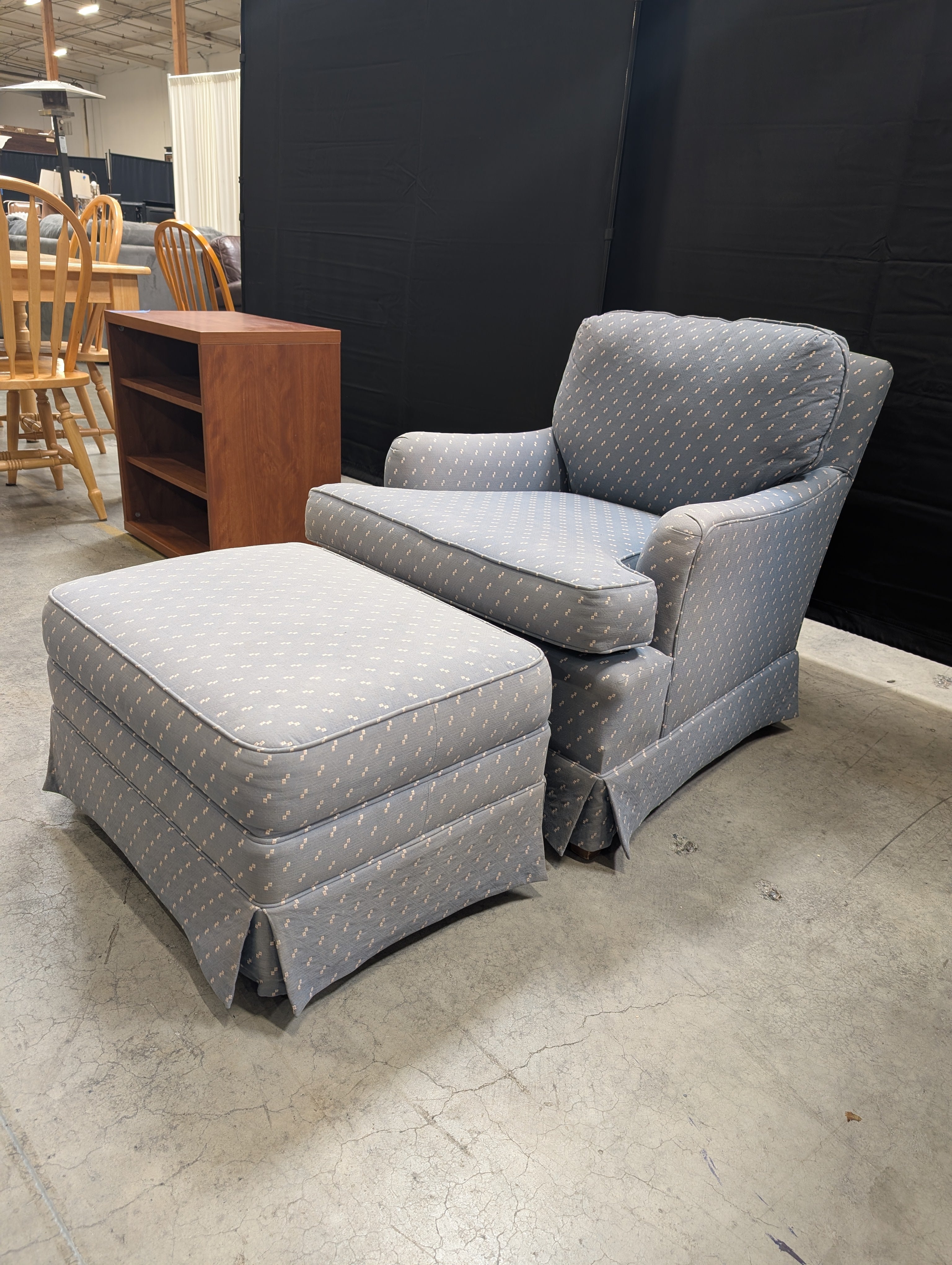 Blue Patterned Fabric Armchair with Rolled Arms with Ottoman