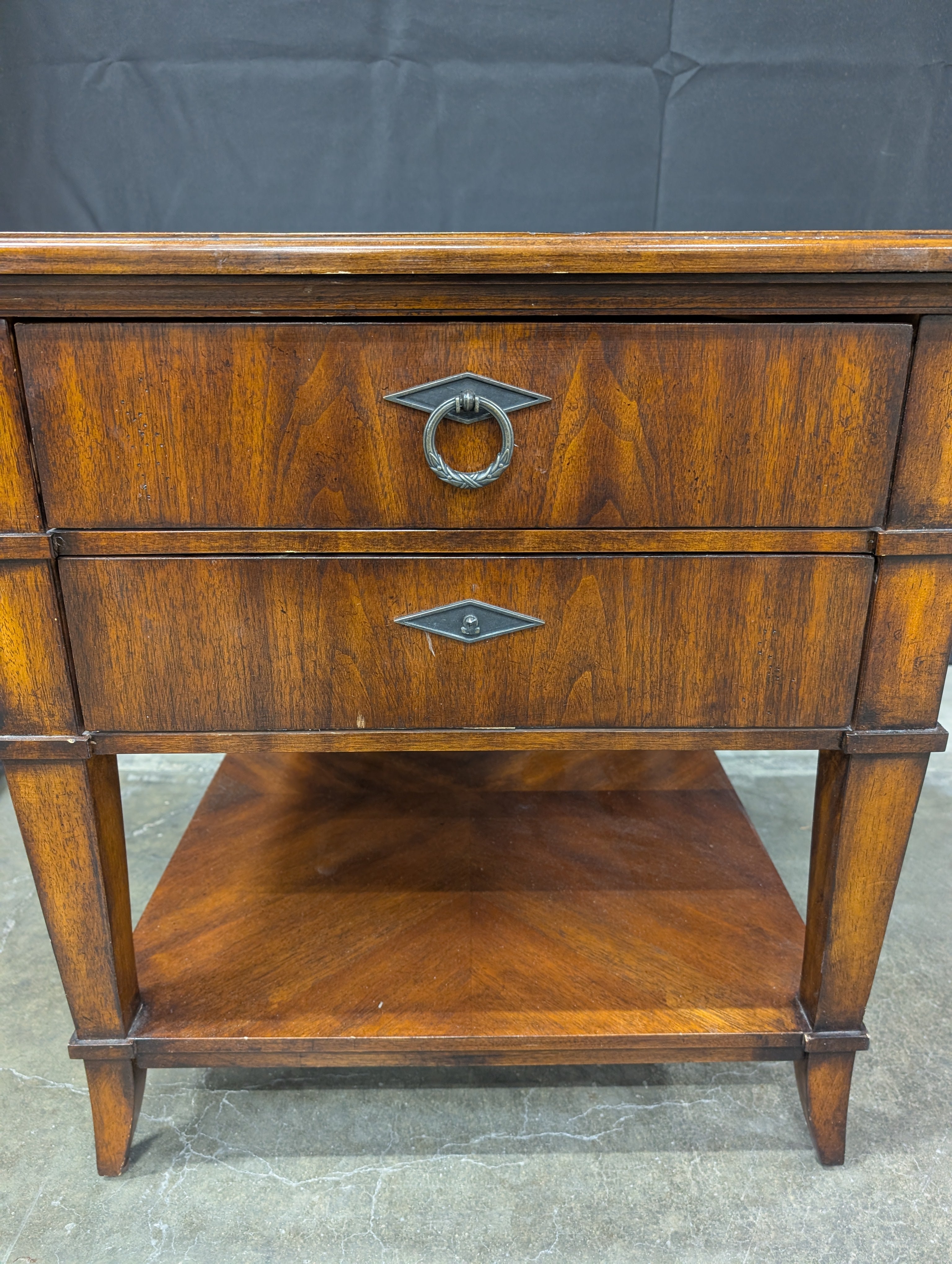 Dark Wood Two-Drawer End Table with Open Shelf