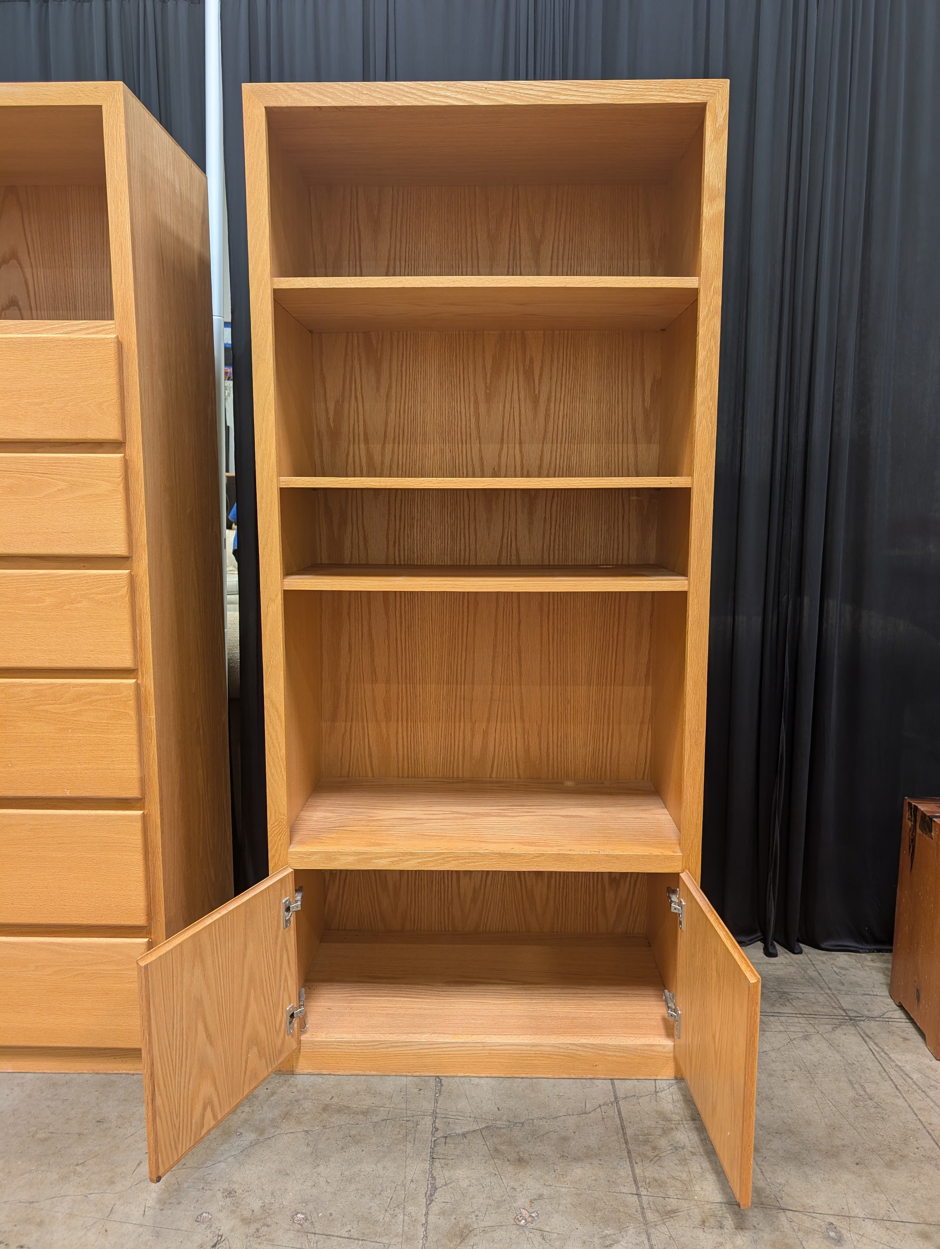 Light Brown Wood Bookcase with Three Shelves and Lower Cabinets