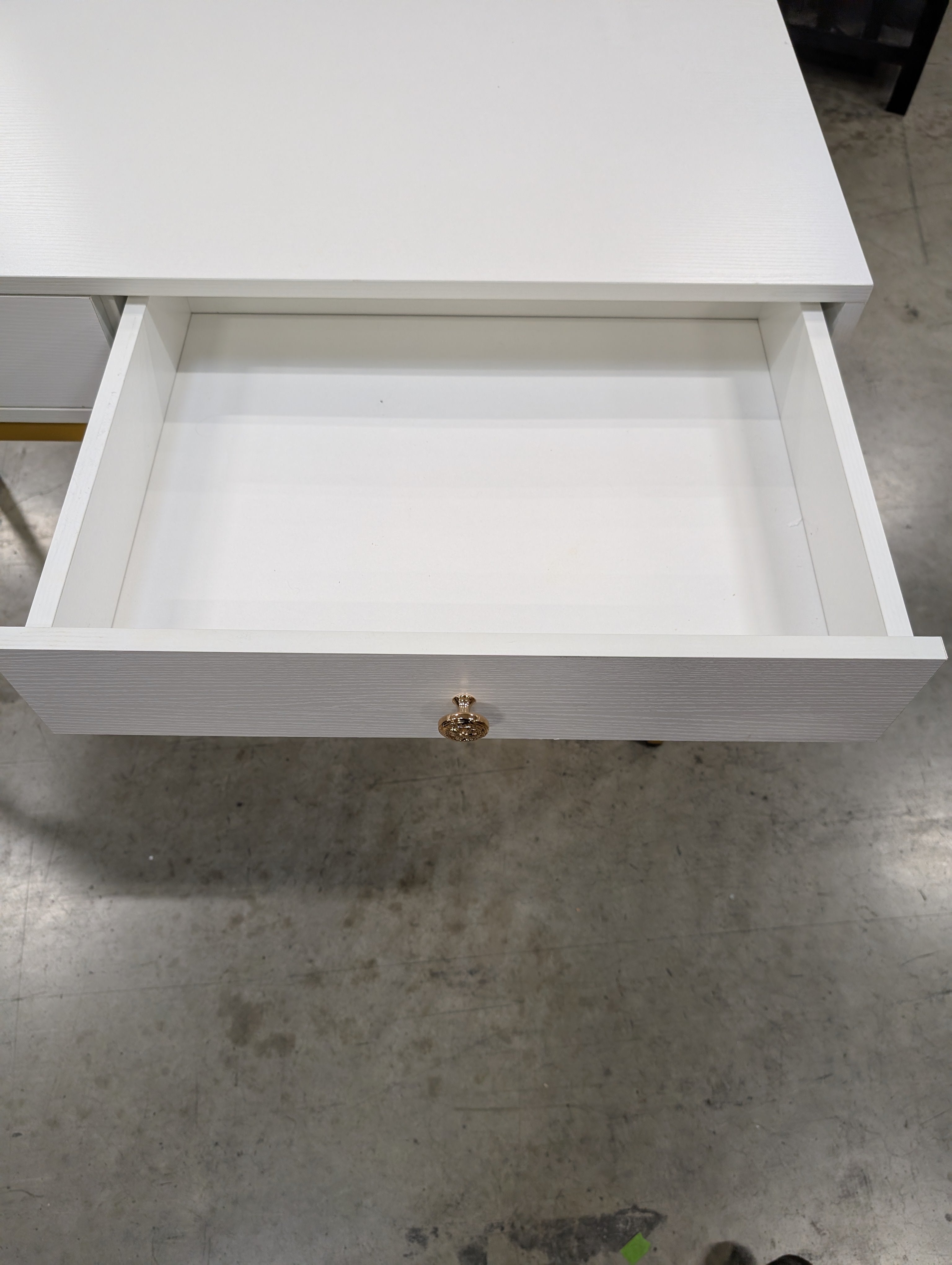 Modern Grey Wood Grain Desk with Gold Tone Metal Frame