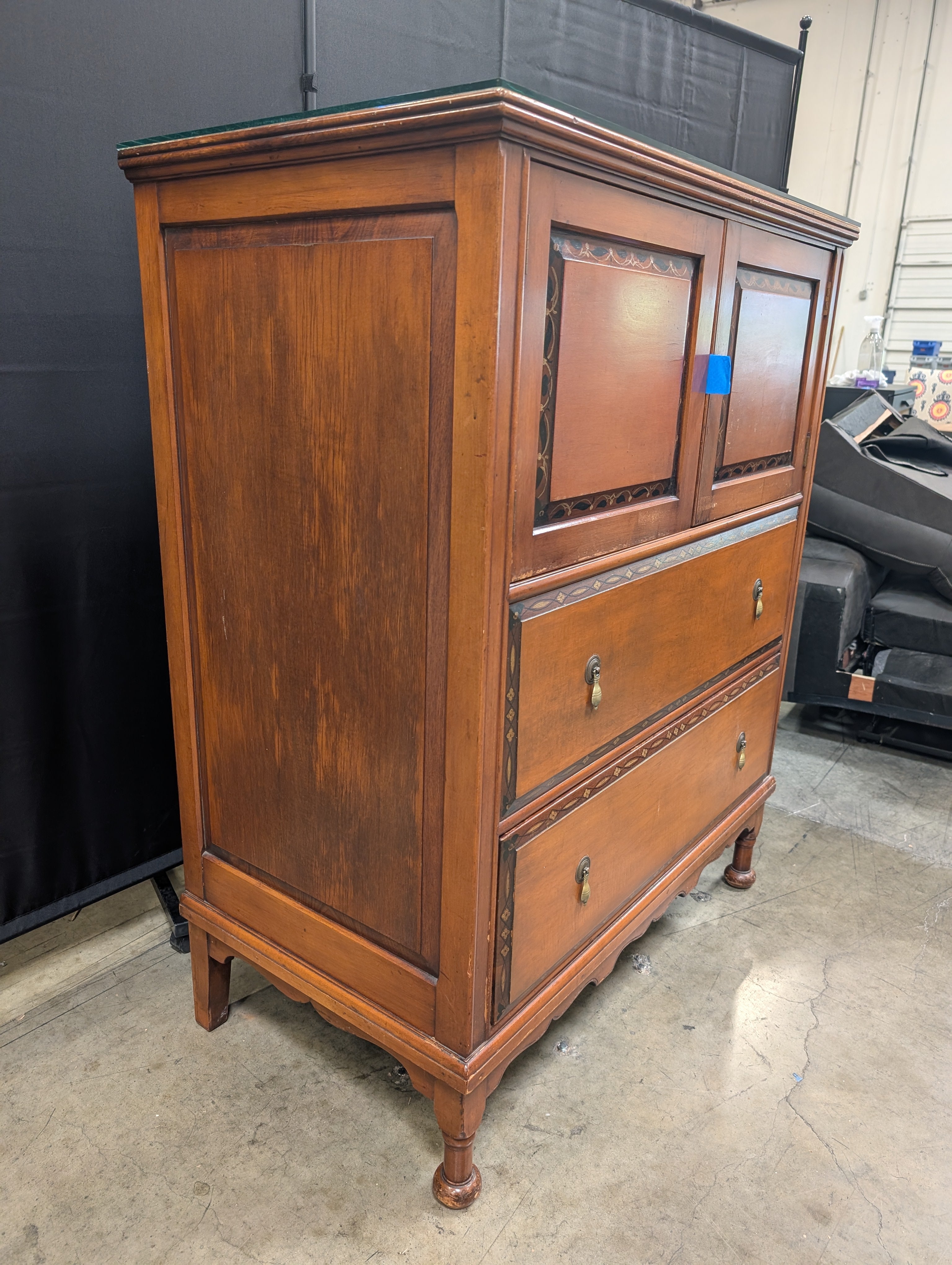 Traditional Cherry Tone Wood Armoire with Inlay