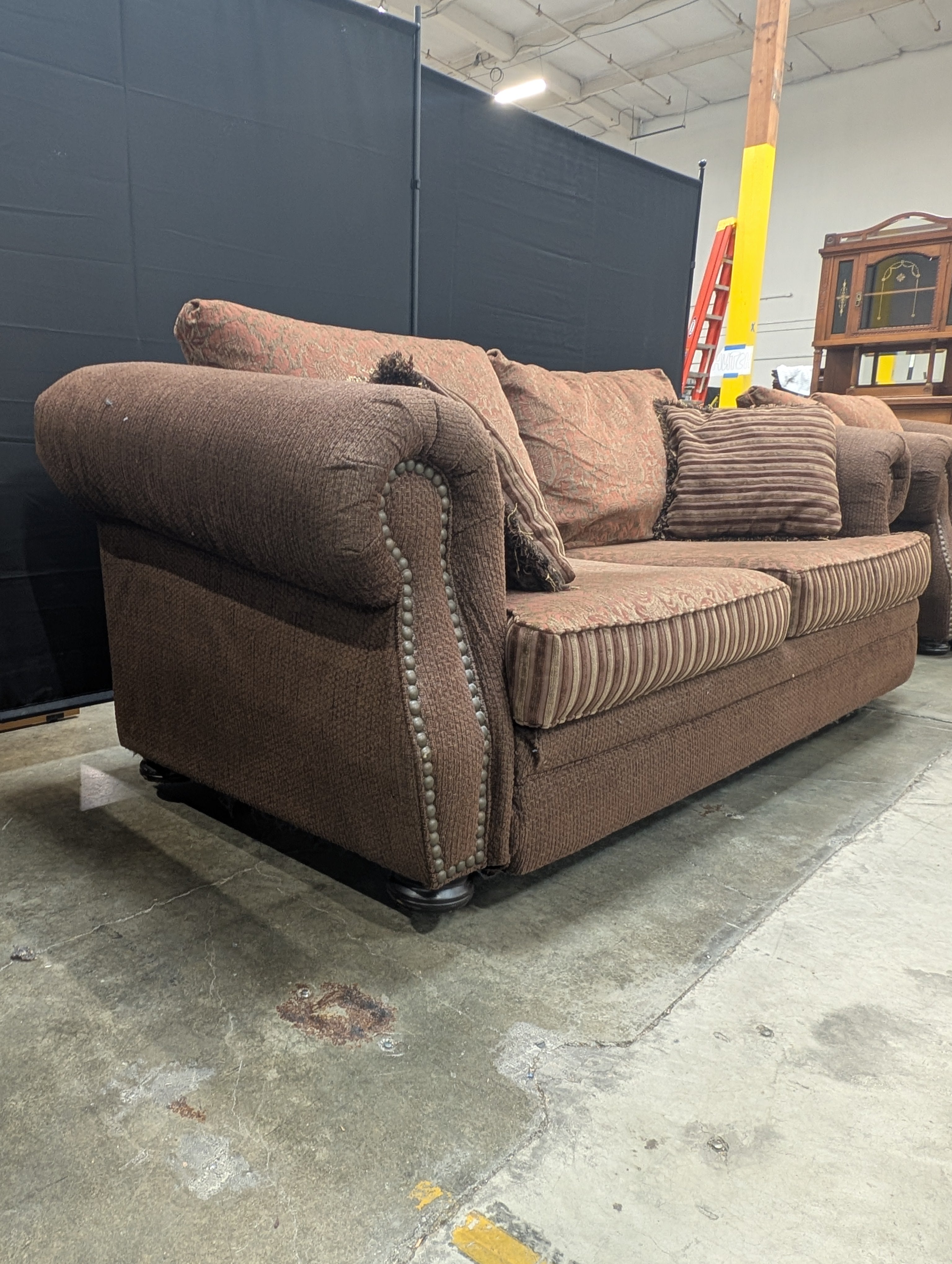 Traditional Brown Fabric Two-Seater Sofa with Nailhead Trim