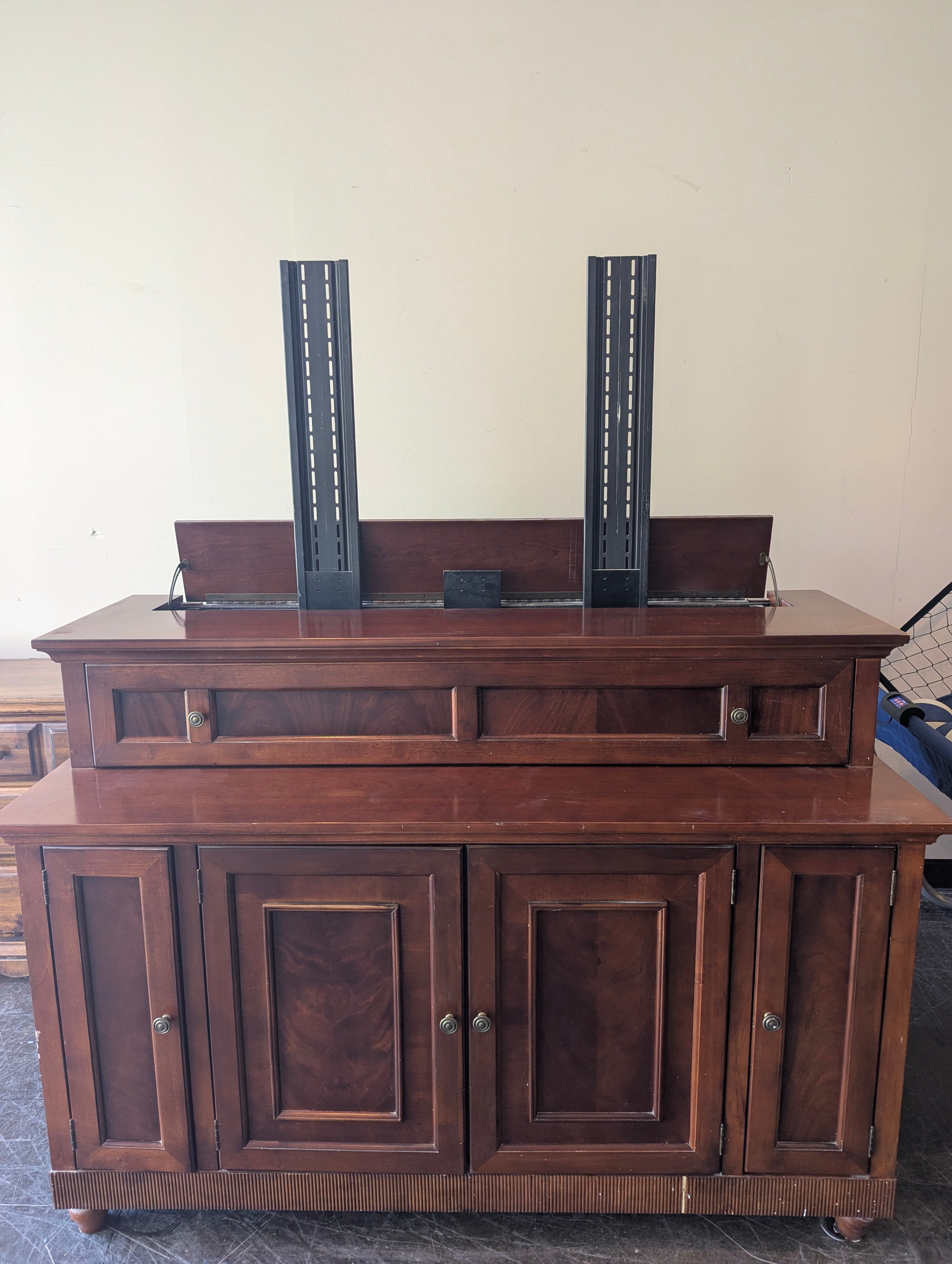 Rich Brown Wood Rising TV Stand Cabinet with Drawers