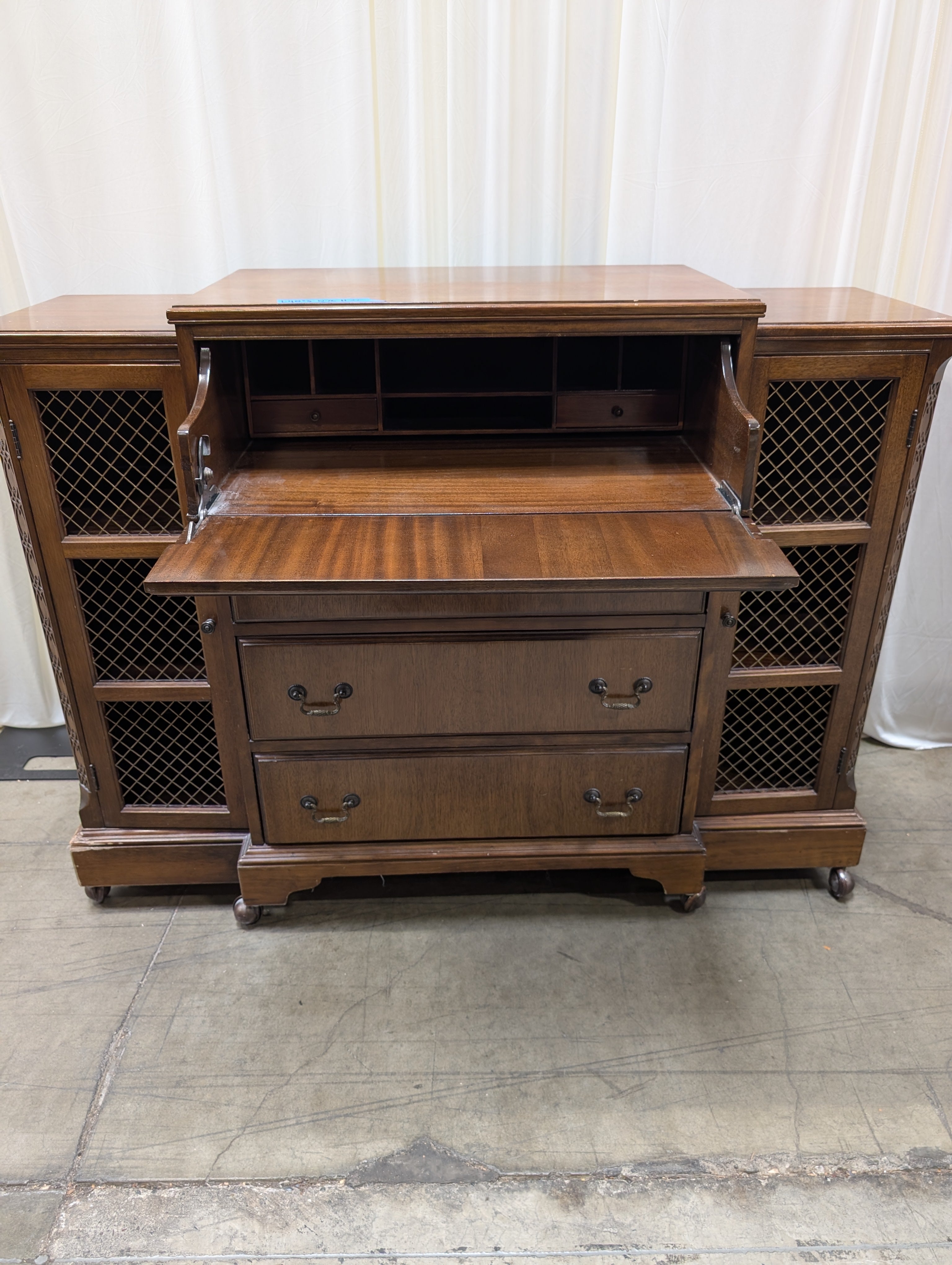 Vintage Stepped Top Wood Secretary Desk with Mesh Doors