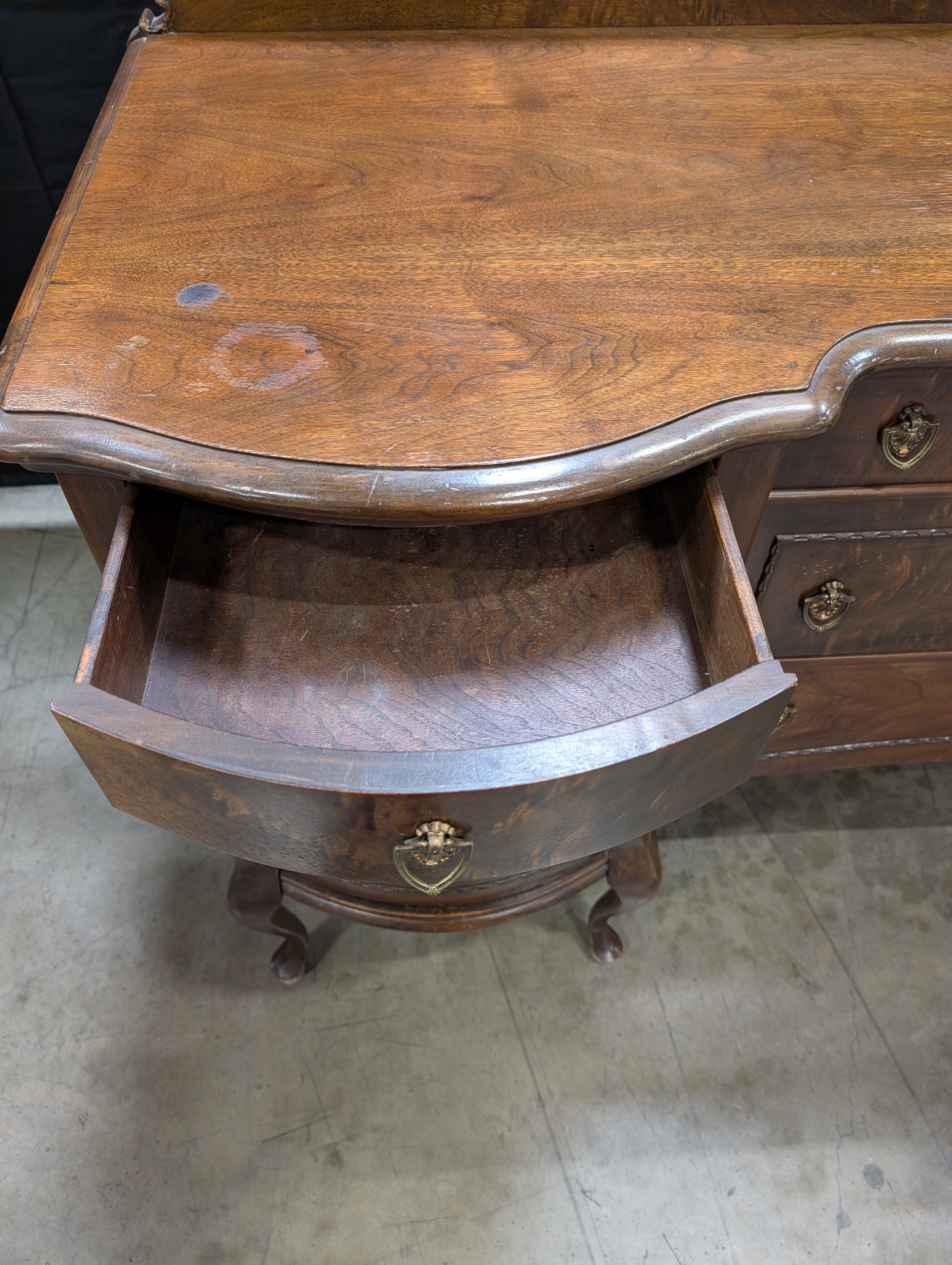 Vintage Dark Wood Sideboard with Curved Front and Cabriole Legs