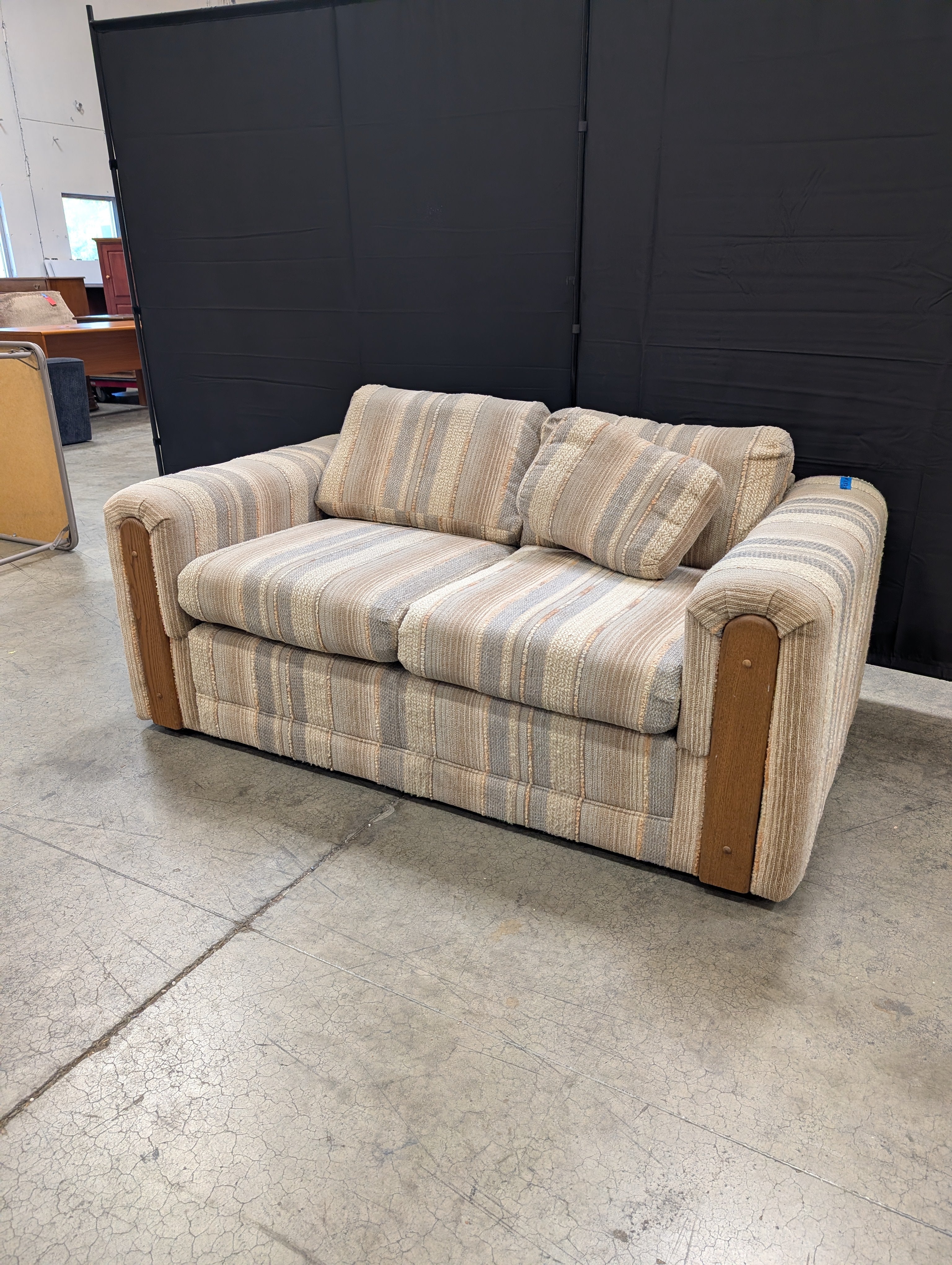 Neutral Stripe Upholstered Loveseat with Wood Arm Accents