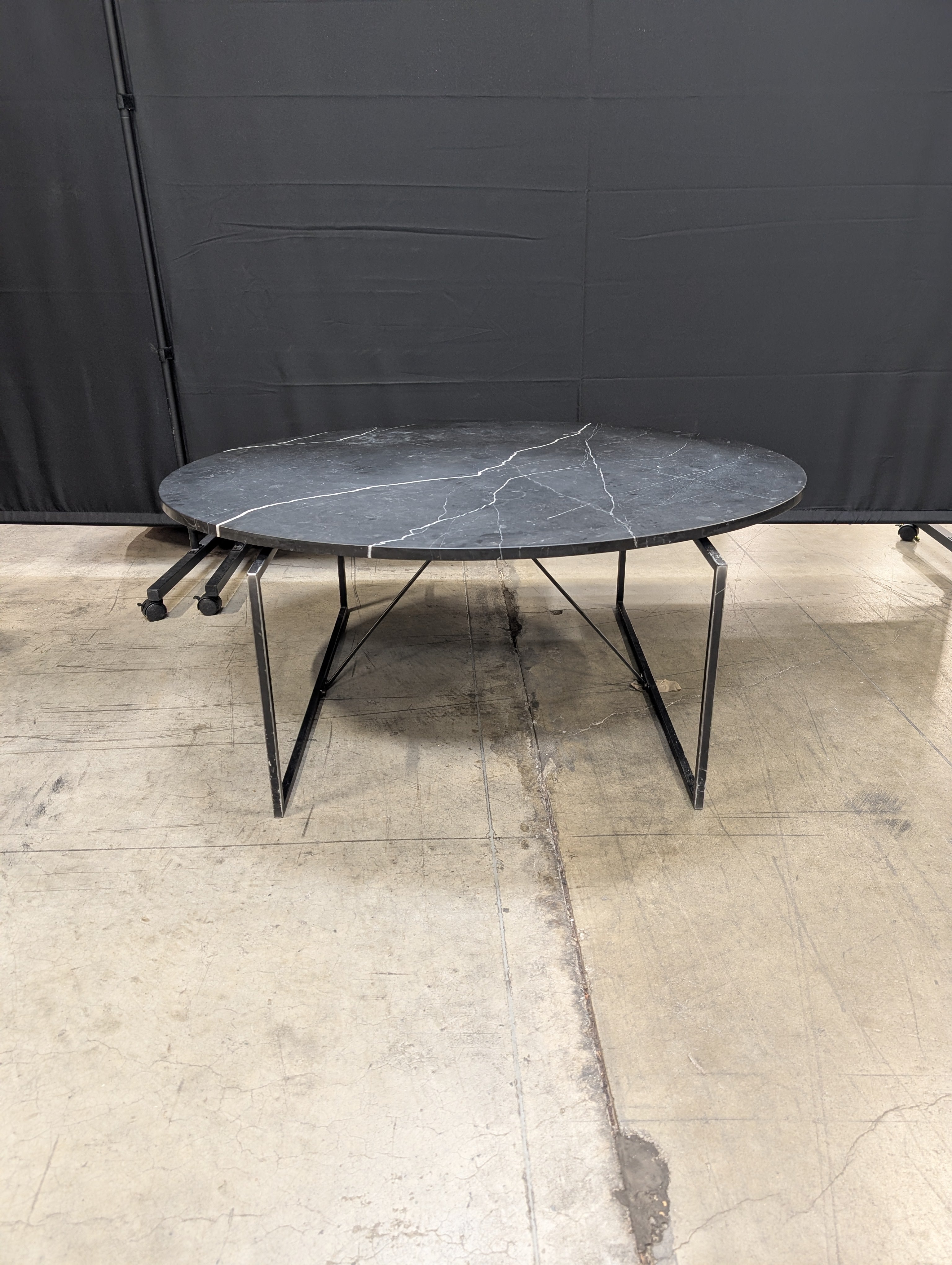 Modern Oval Stone Top Coffee Table with Geometric Metal Base