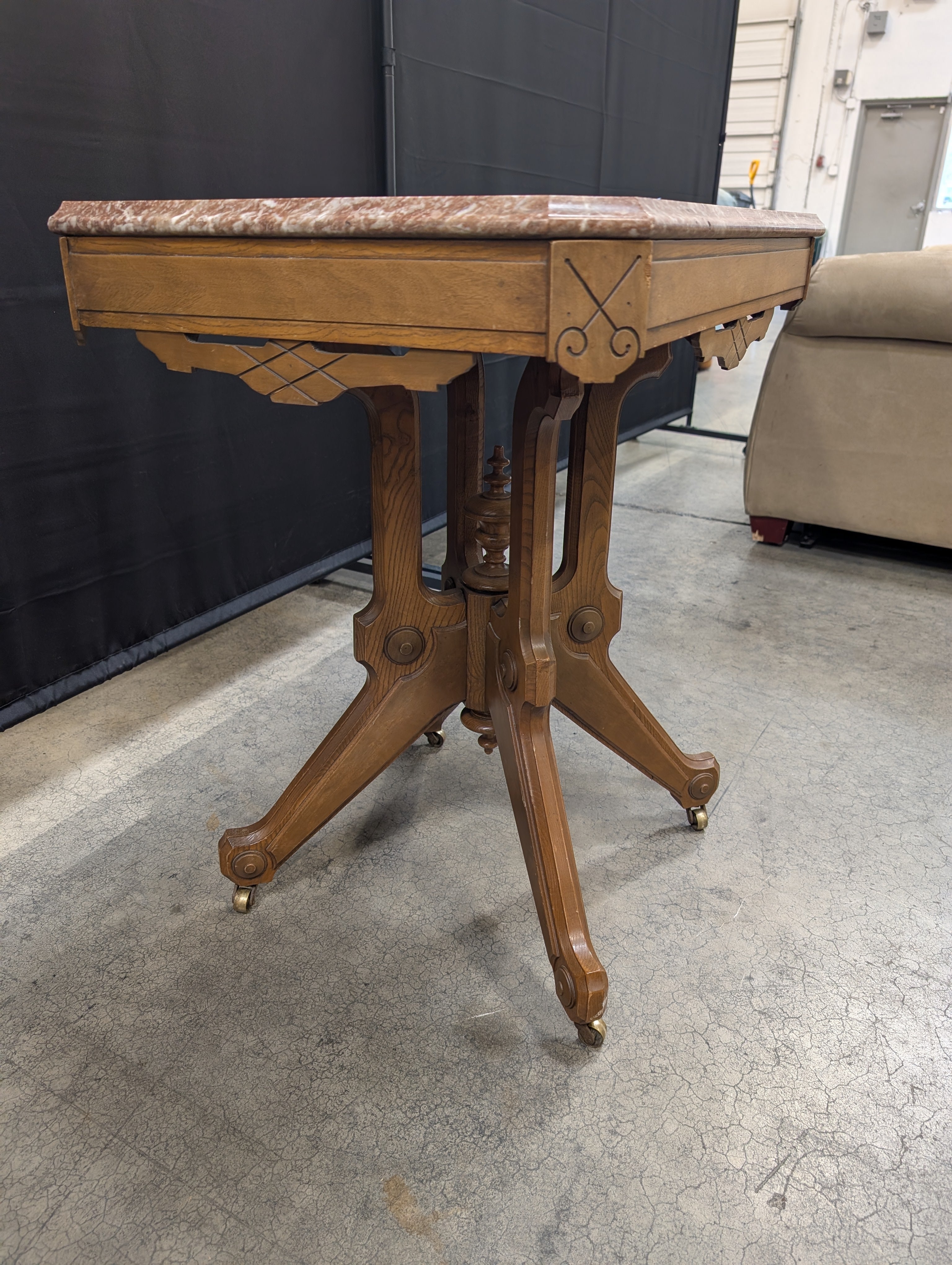 Vintage Hexagonal Marble Top Accent Table with Carved Wood Base