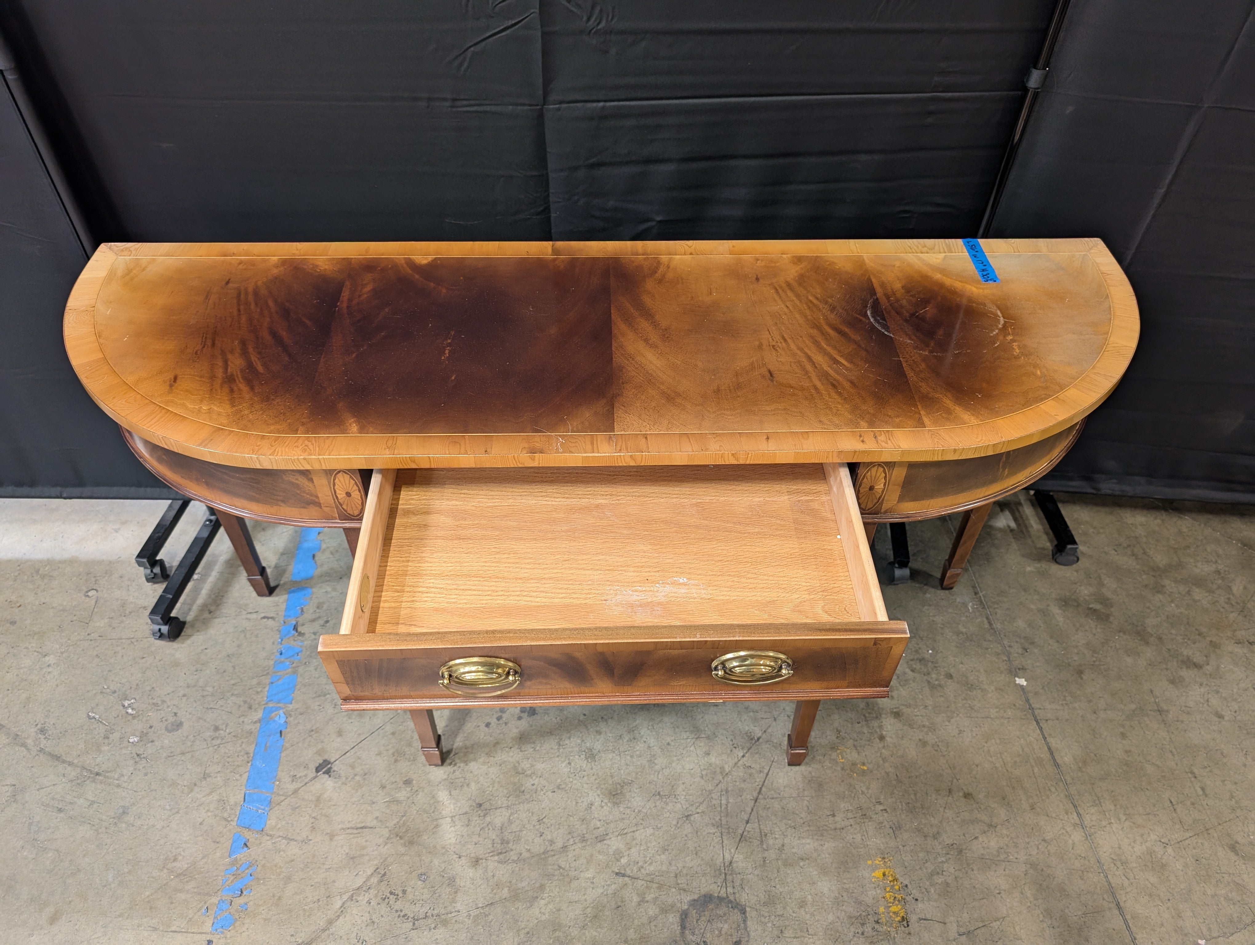Traditional Half-Moon Wood Console Table with Brass Pulls