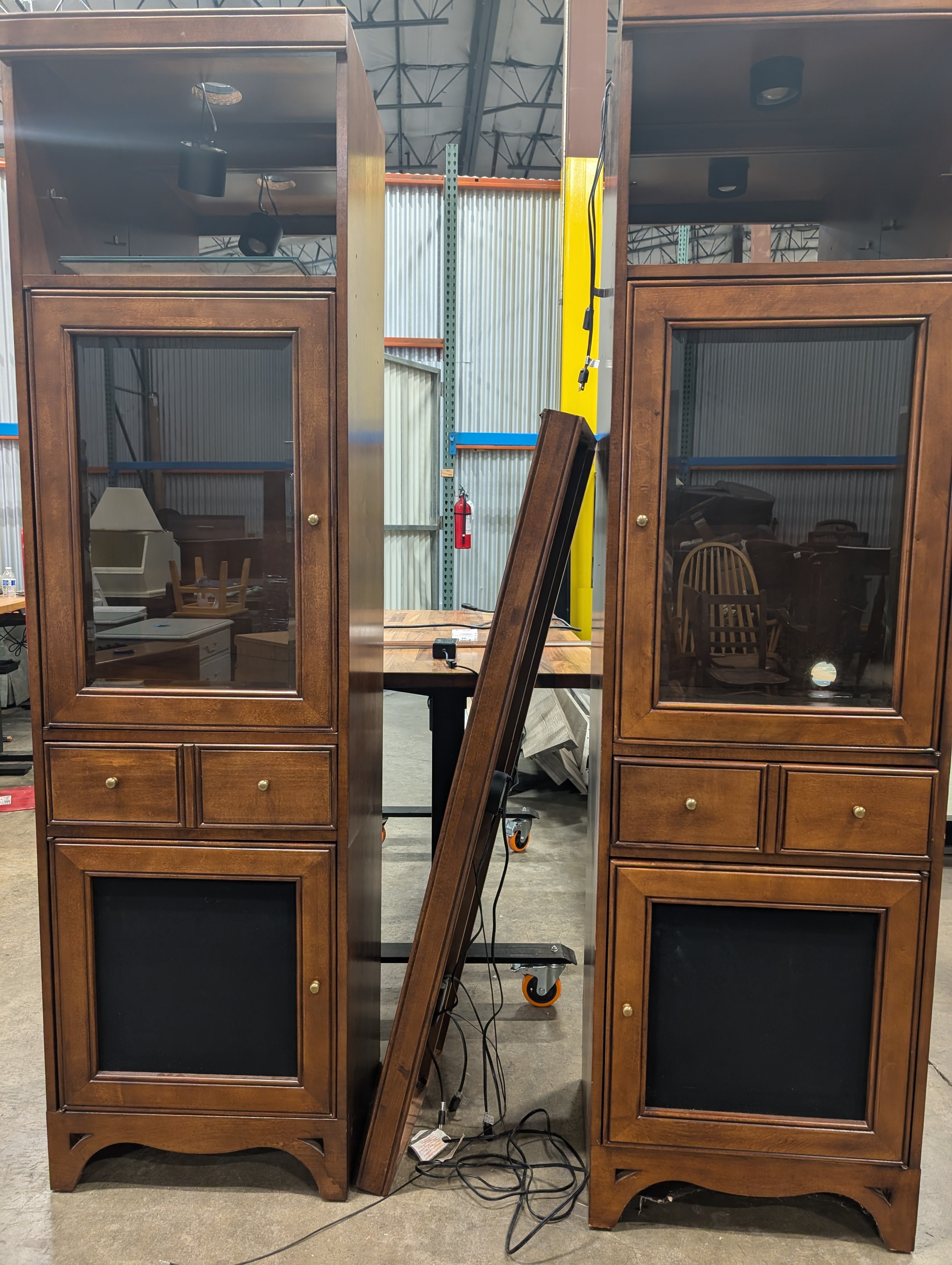 Warehouse sale--Sturdy Brown Wood Display Cabinet with Glass Doors and Storage