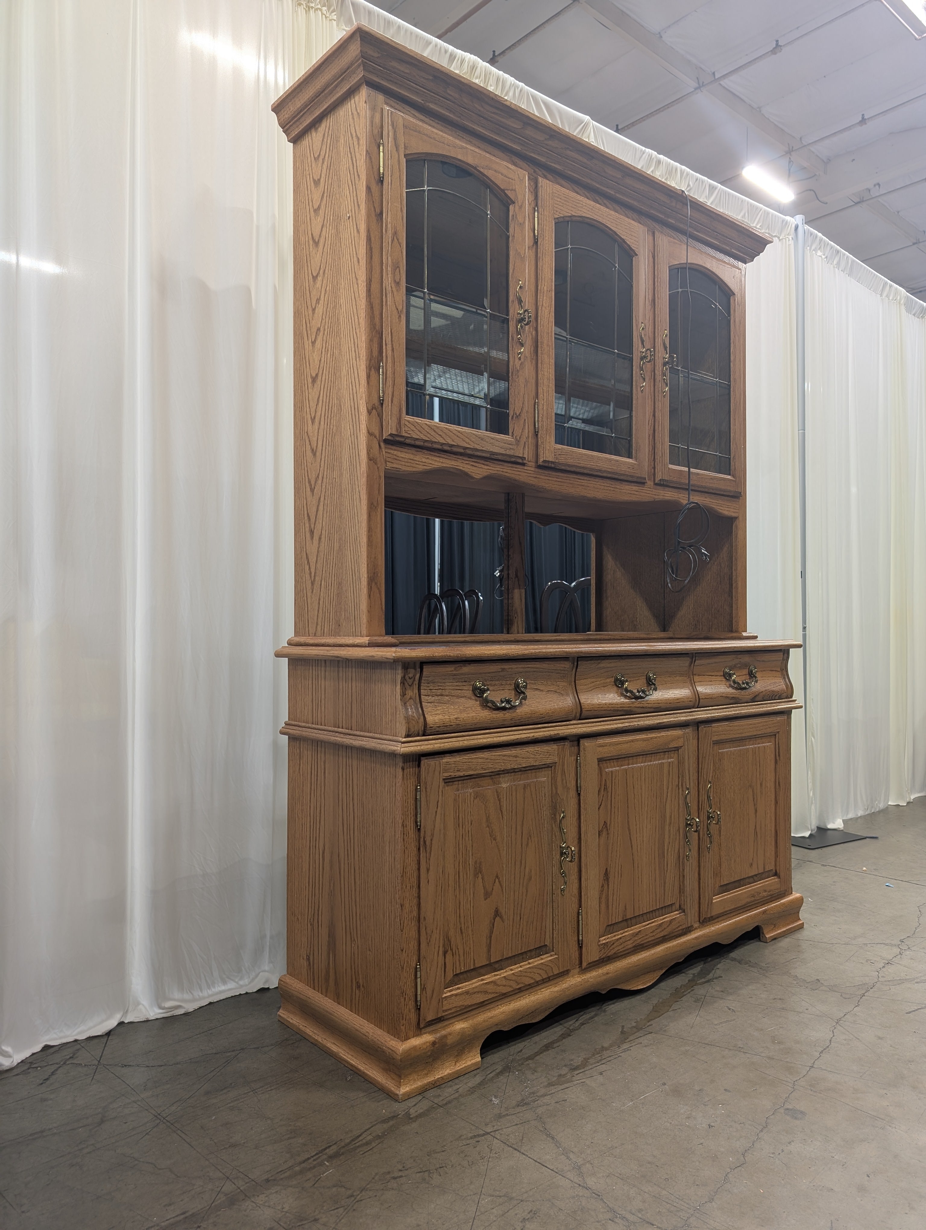 Golden Oak China Cabinet with Leaded Glass