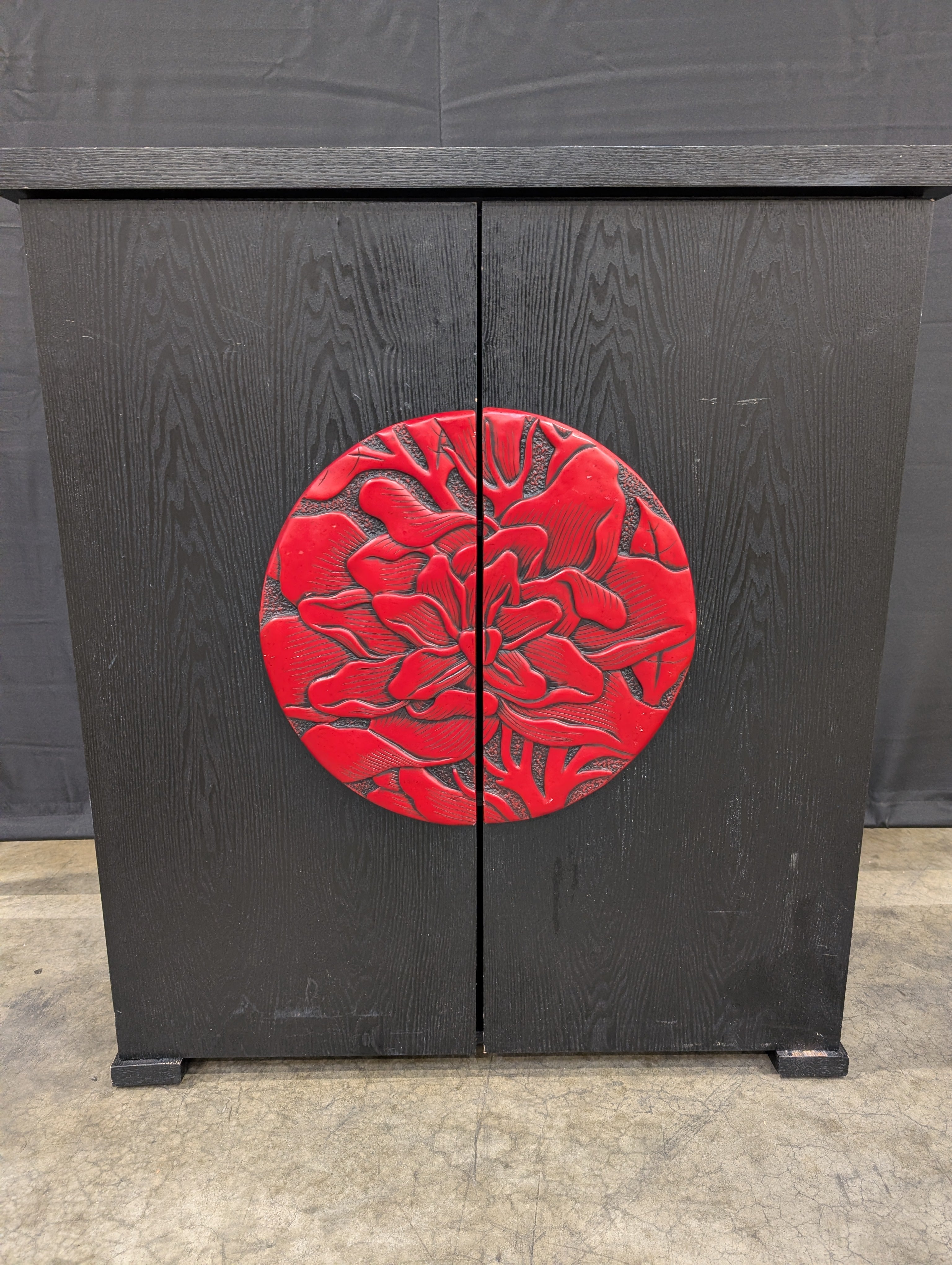 Decorative Black Wood Cabinet with Red Floral Motif Doors