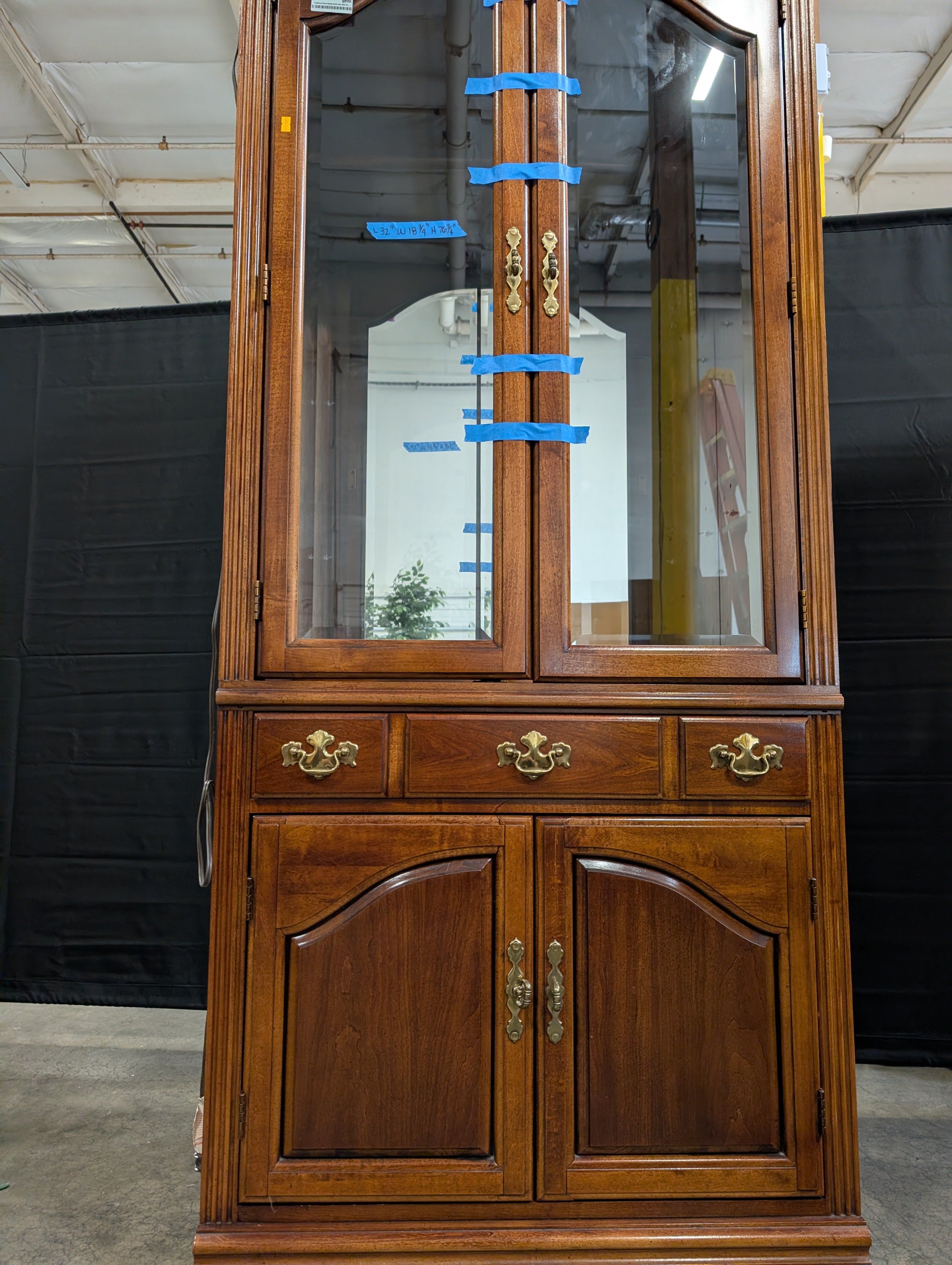 Traditional Wood Display Hutch with Glass Doors and Brass Hardware