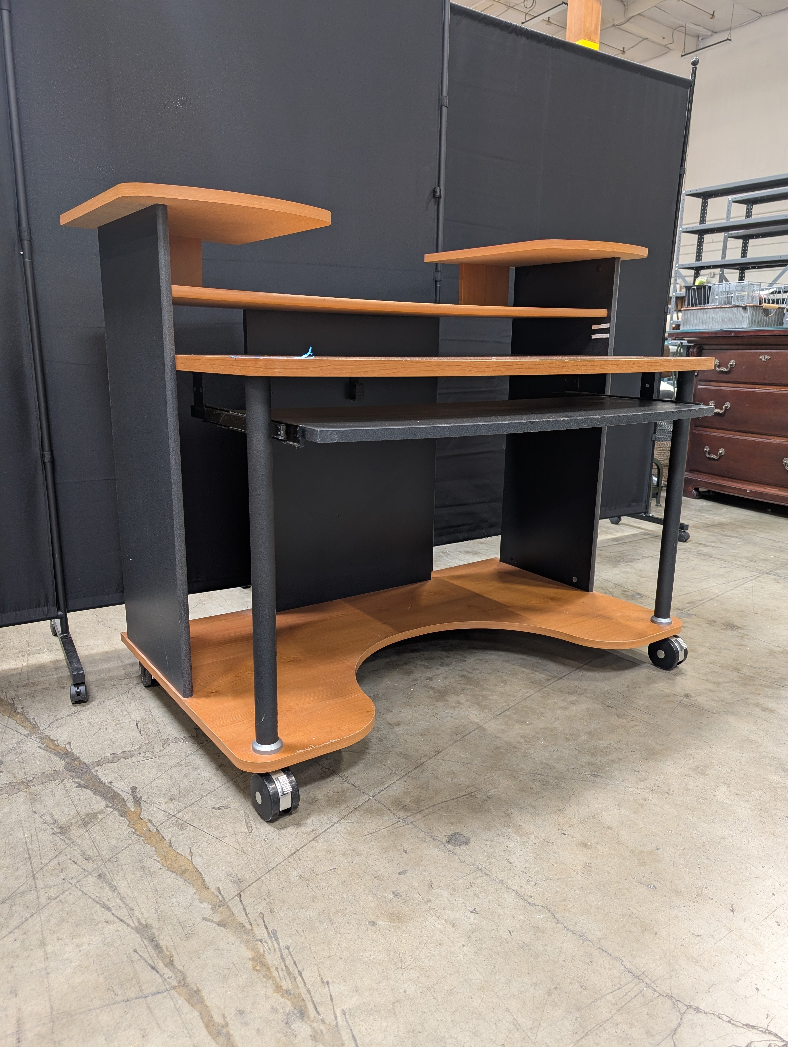 Compact Rolling Computer Workstation Desk with Tiered Shelves