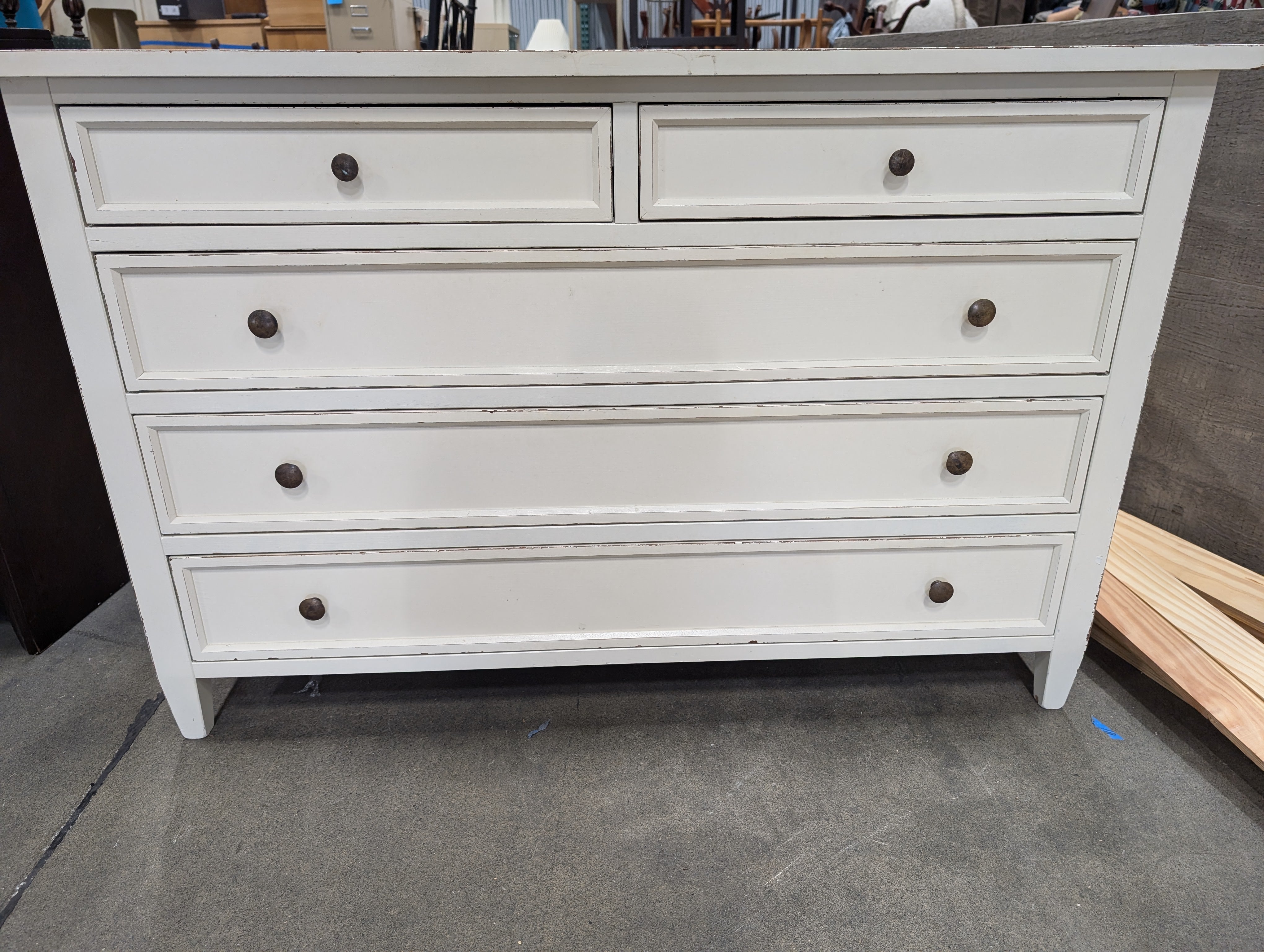 Distressed Off-White Five-Drawer Chest with Dark Knobs