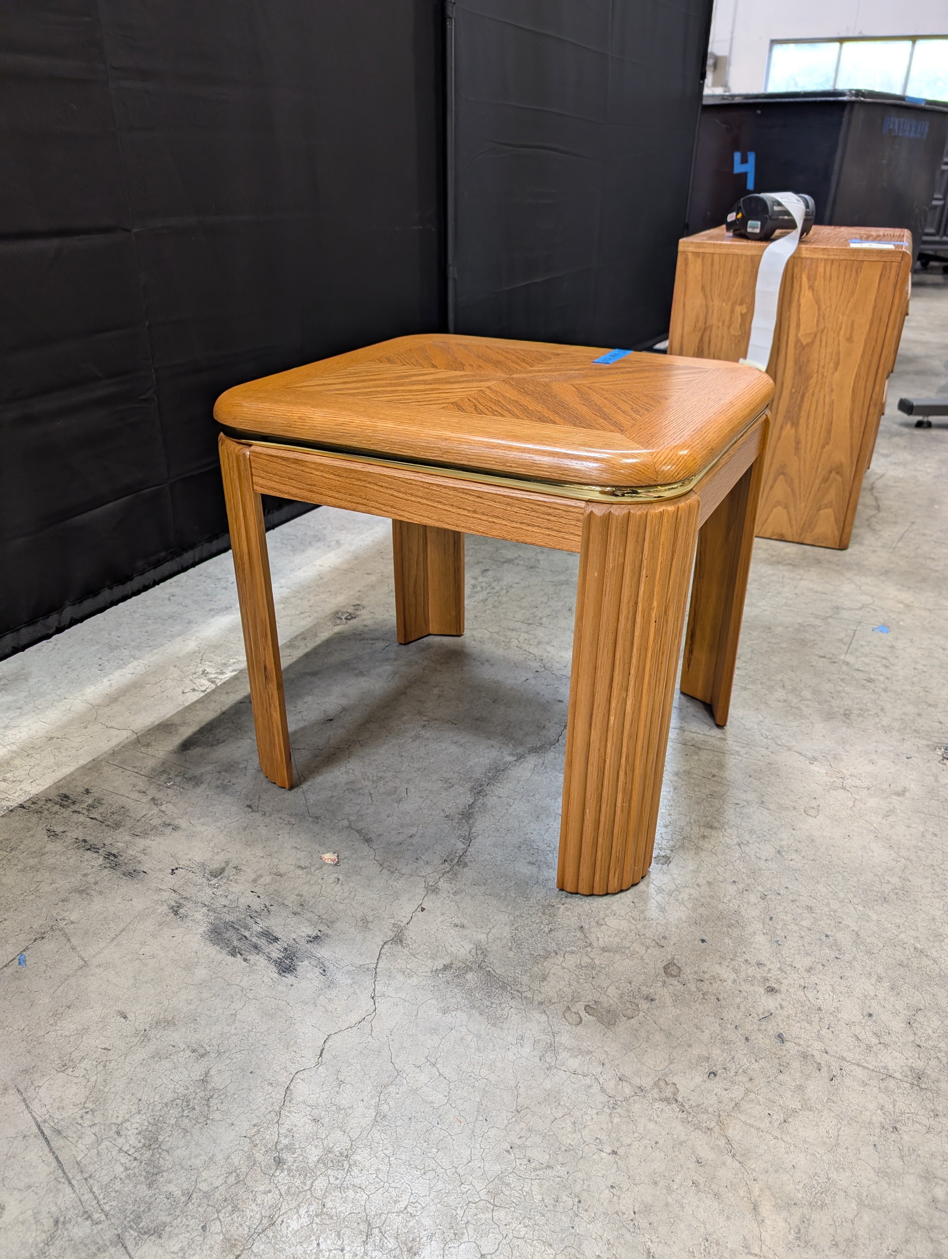 Vintage Light Wood Parquet Top End Table with Fluted Legs