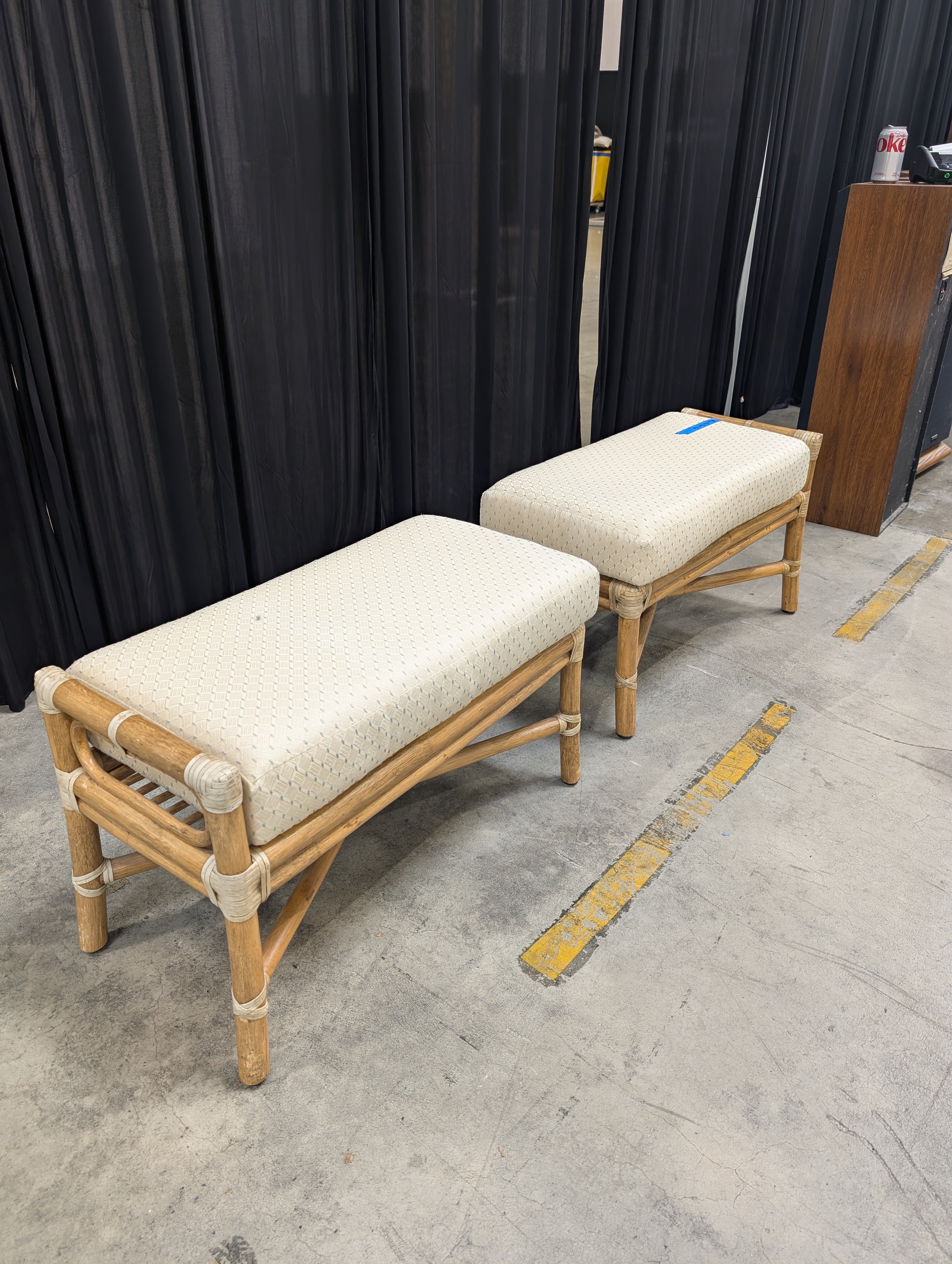 Pair of Cream Patterned Upholstered Bench with Bamboo Frame