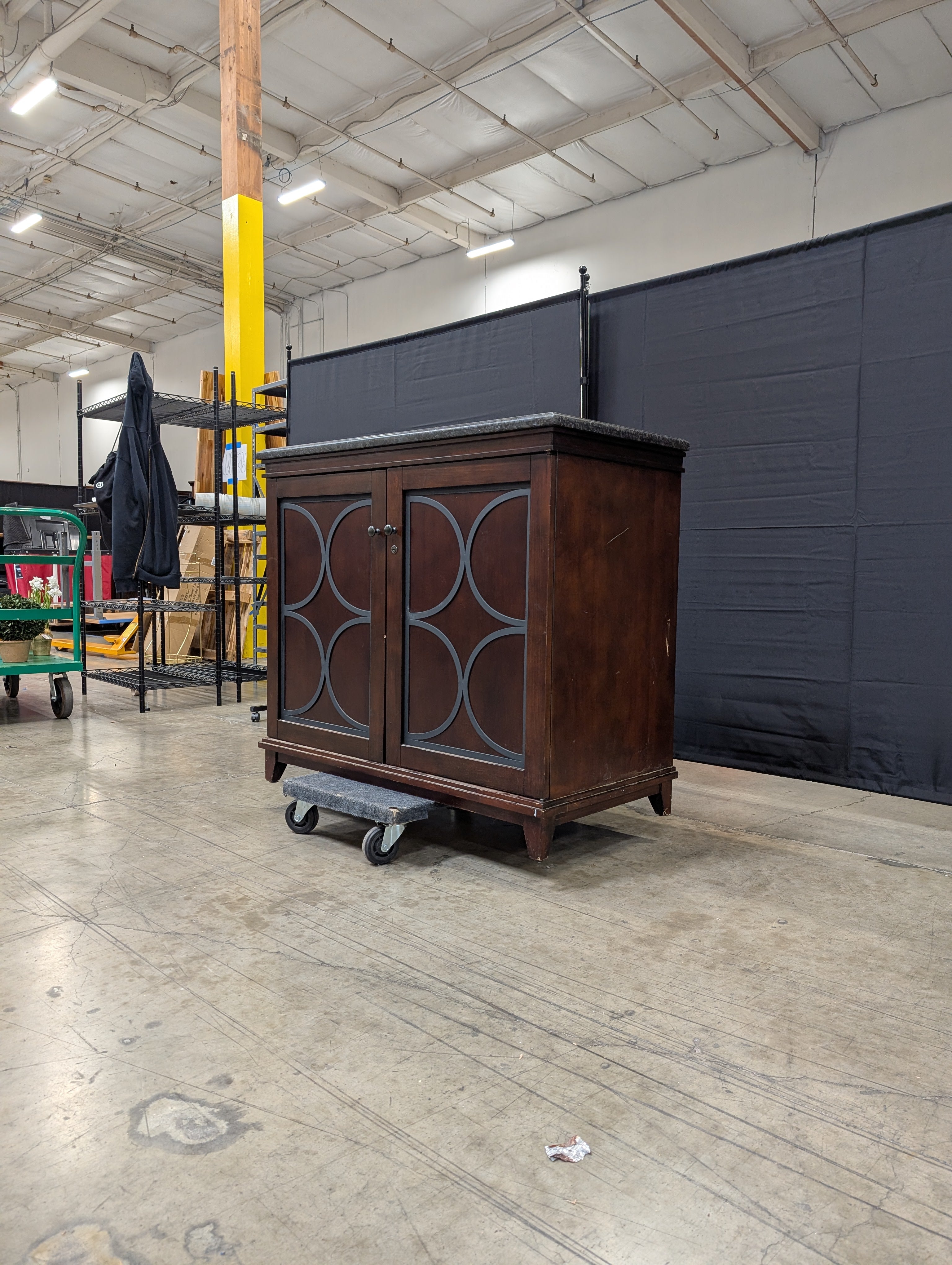 Dark Wood Wine Storage Cabinet with Granite Top and Decorative Doors