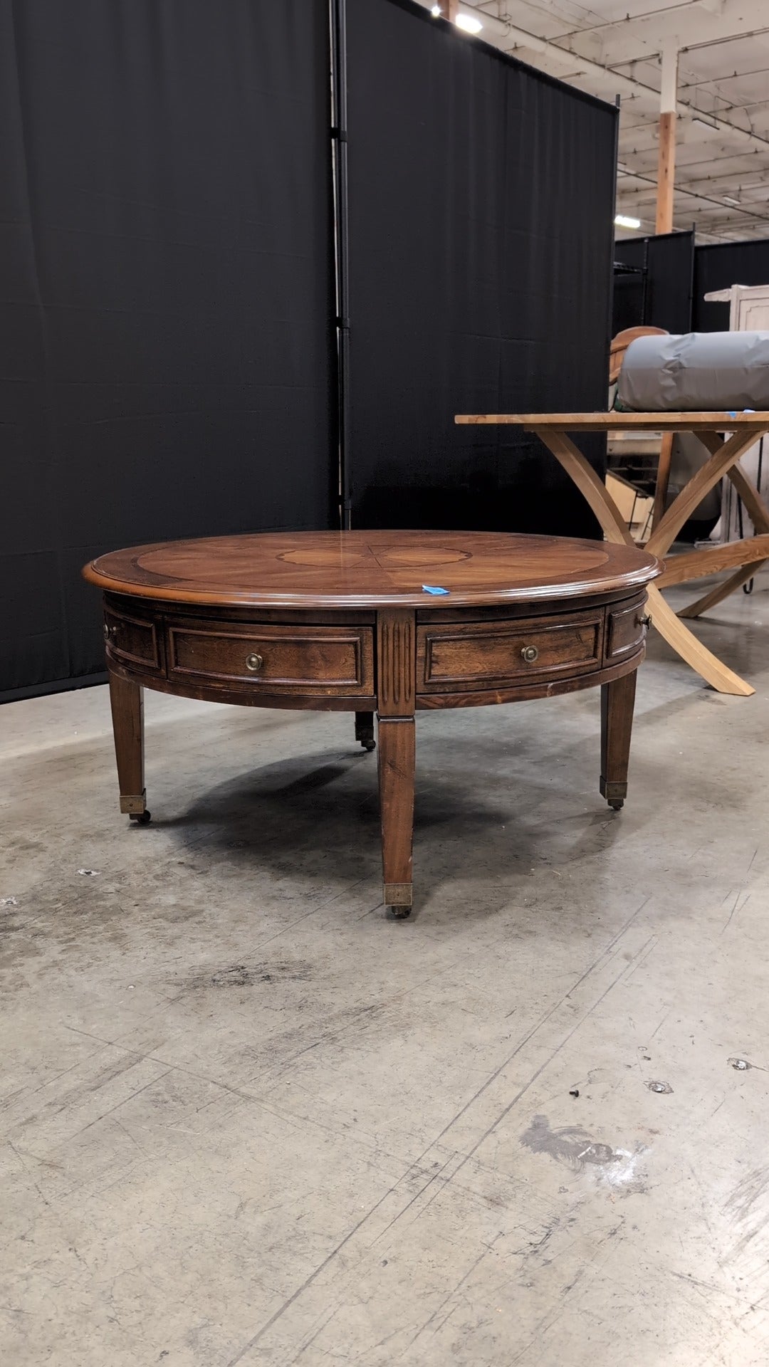 Classic Round Wood Coffee Table with Inlay Design