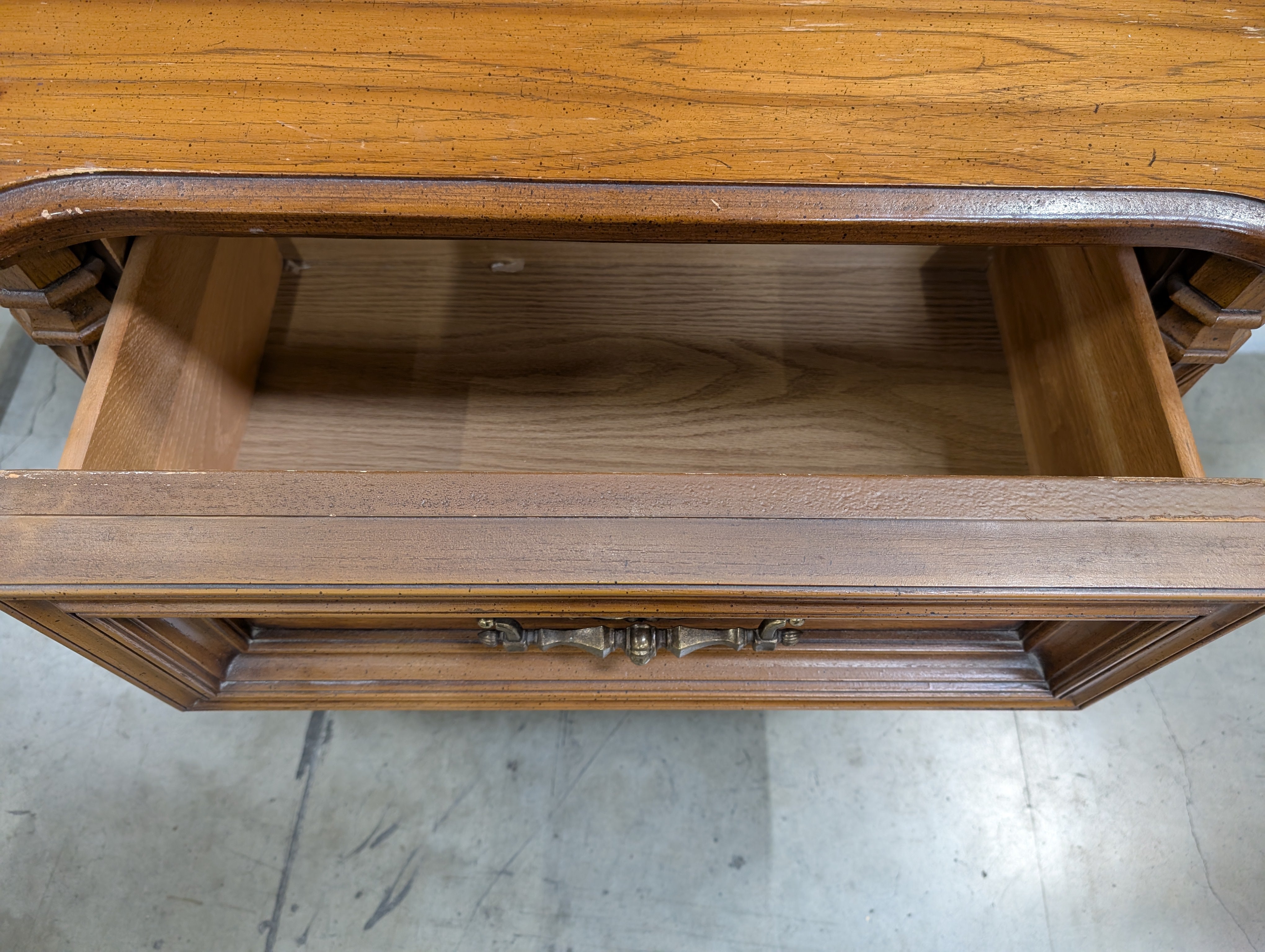 Vintage Wooden Nightstand with Two Drawers, Ornate Pulls & Carved Accents