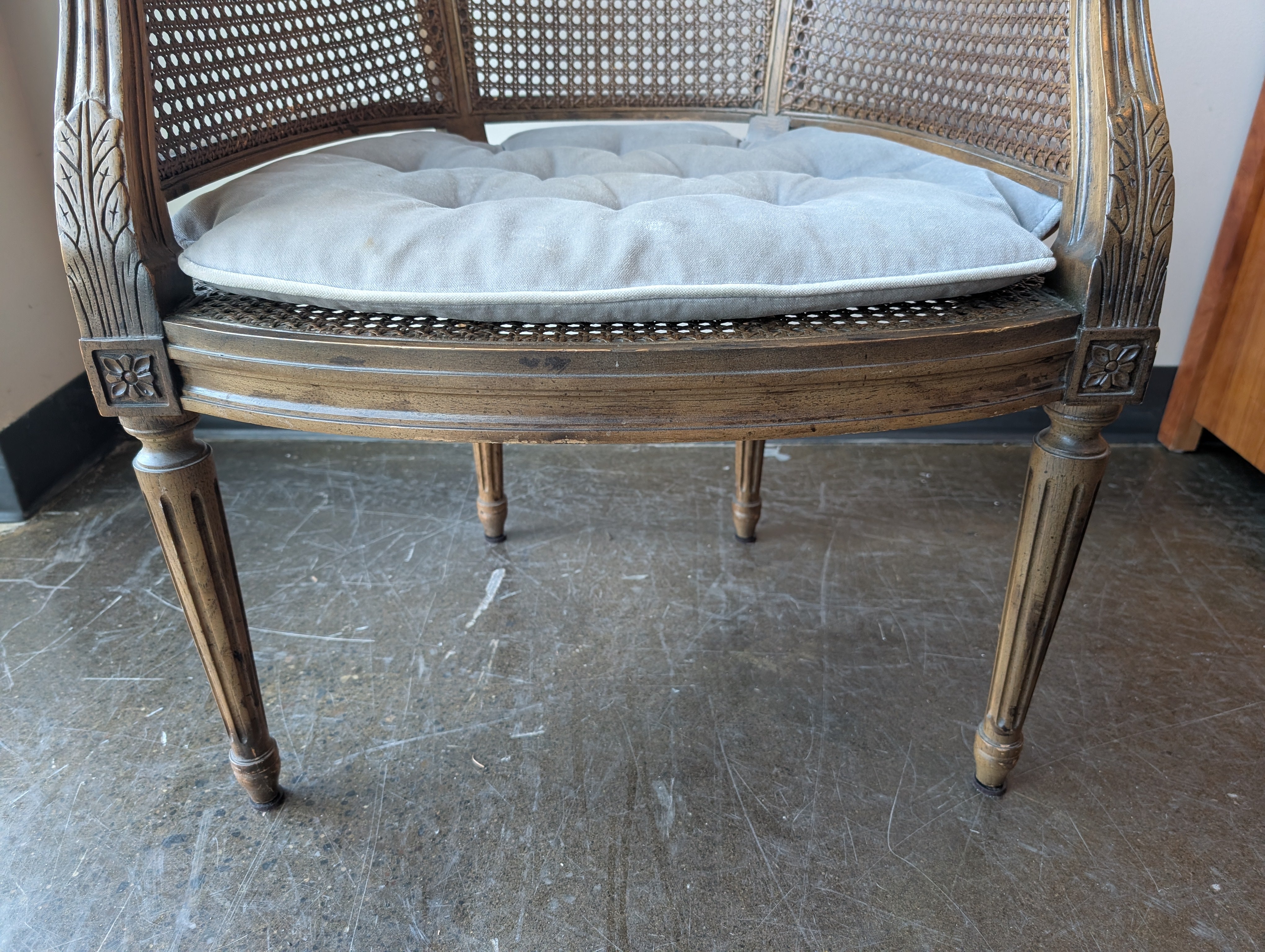 Vintage Cane Barrel Back Armchair with Tufted Cushion