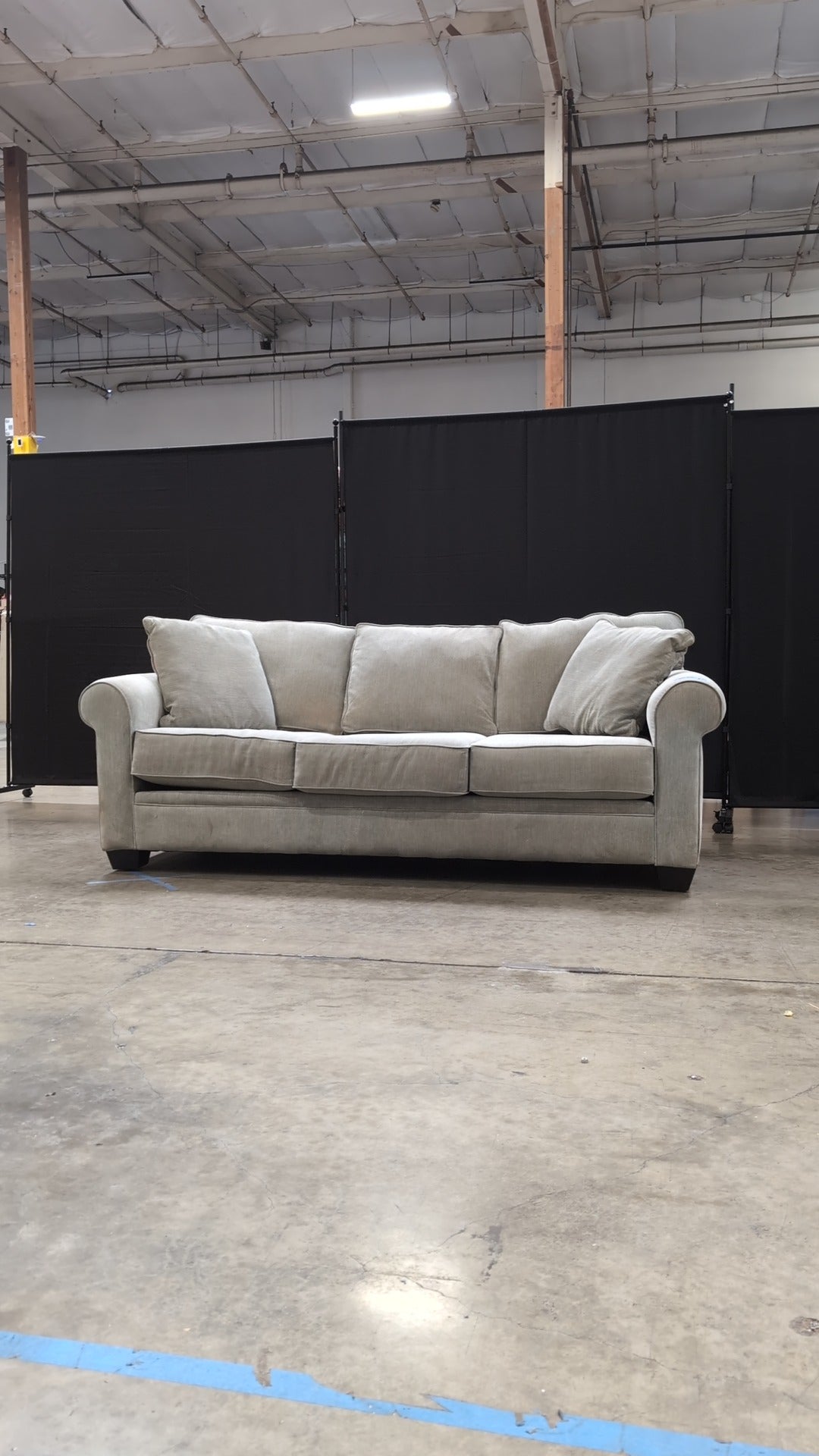 Used Greige Fabric Three-Seater Sofa with Rolled Arms