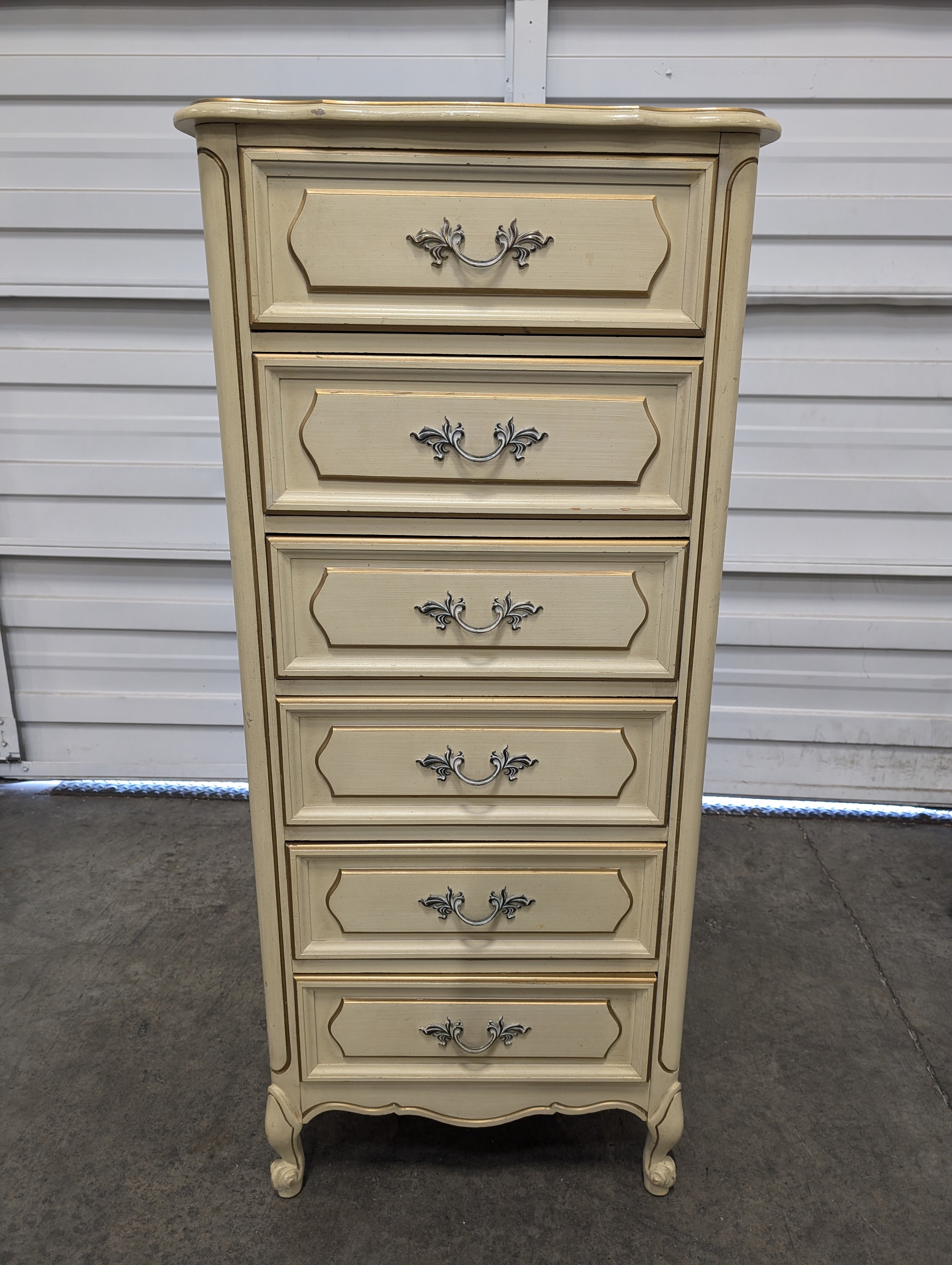 Vintage French Provincial Cream Five-Drawer Tallboy Chest