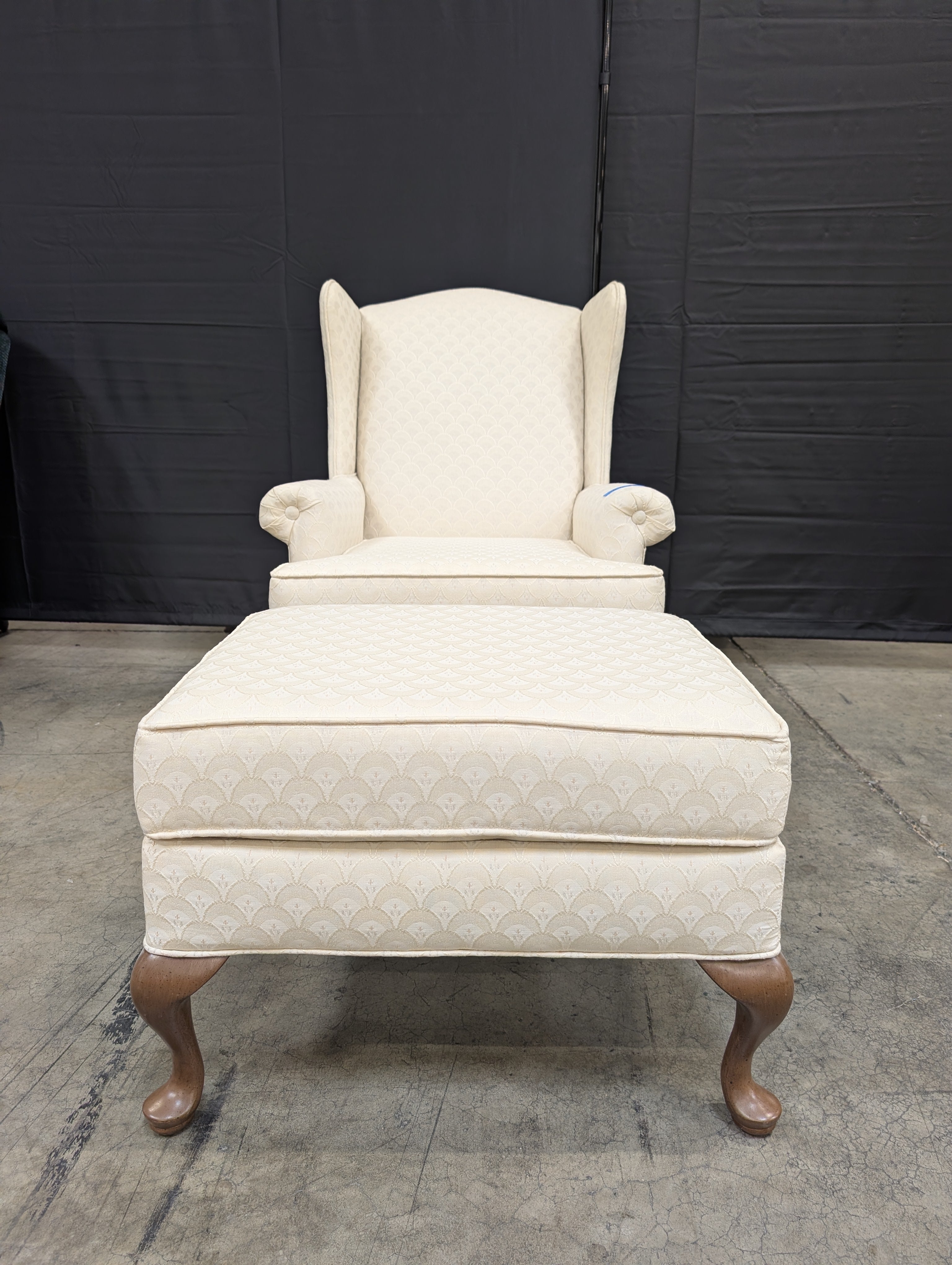 Classic Cream Patterned Wingback Armchair and Ottoman Set