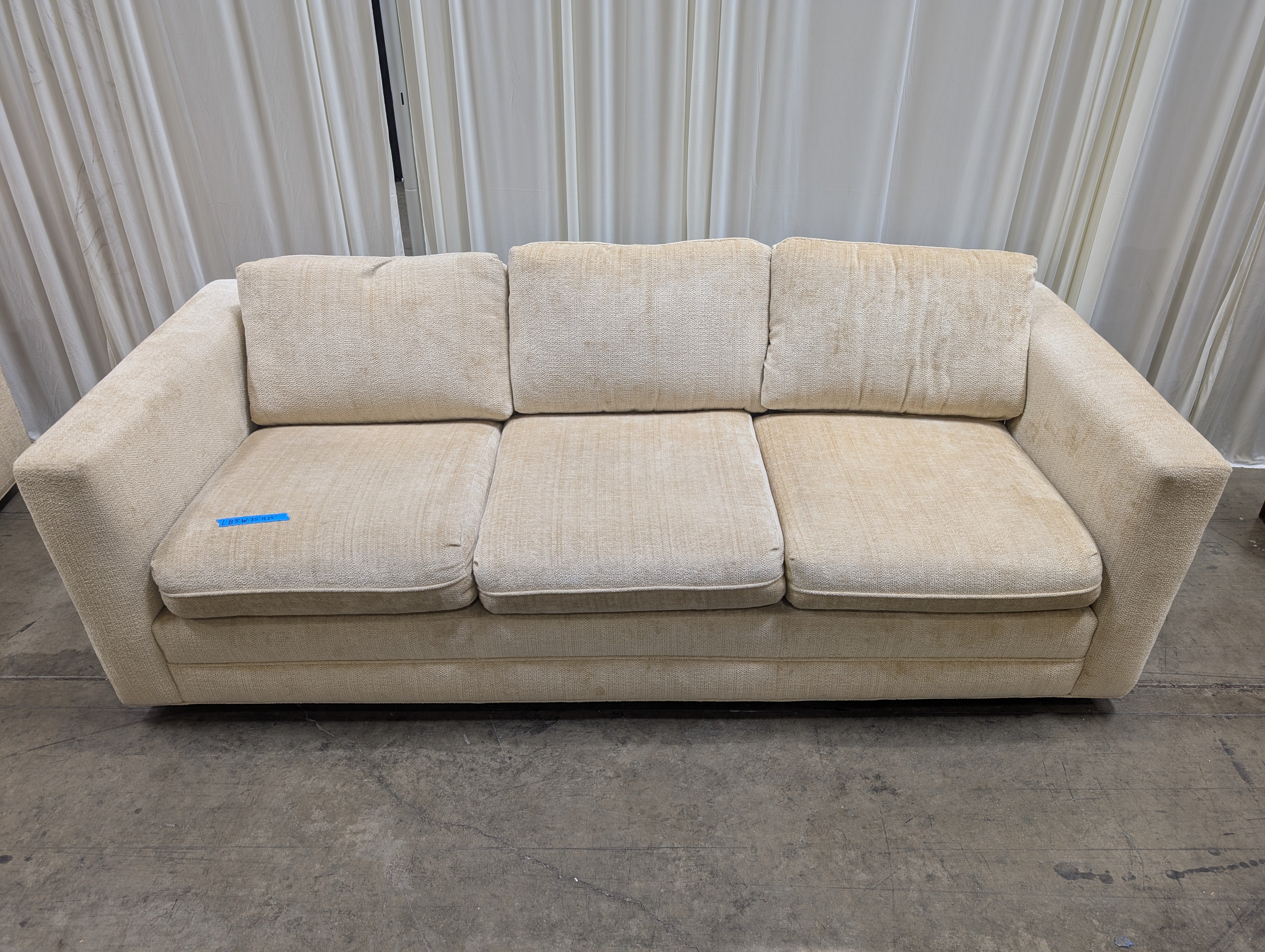Cream Textured Fabric Couch with Track Arms