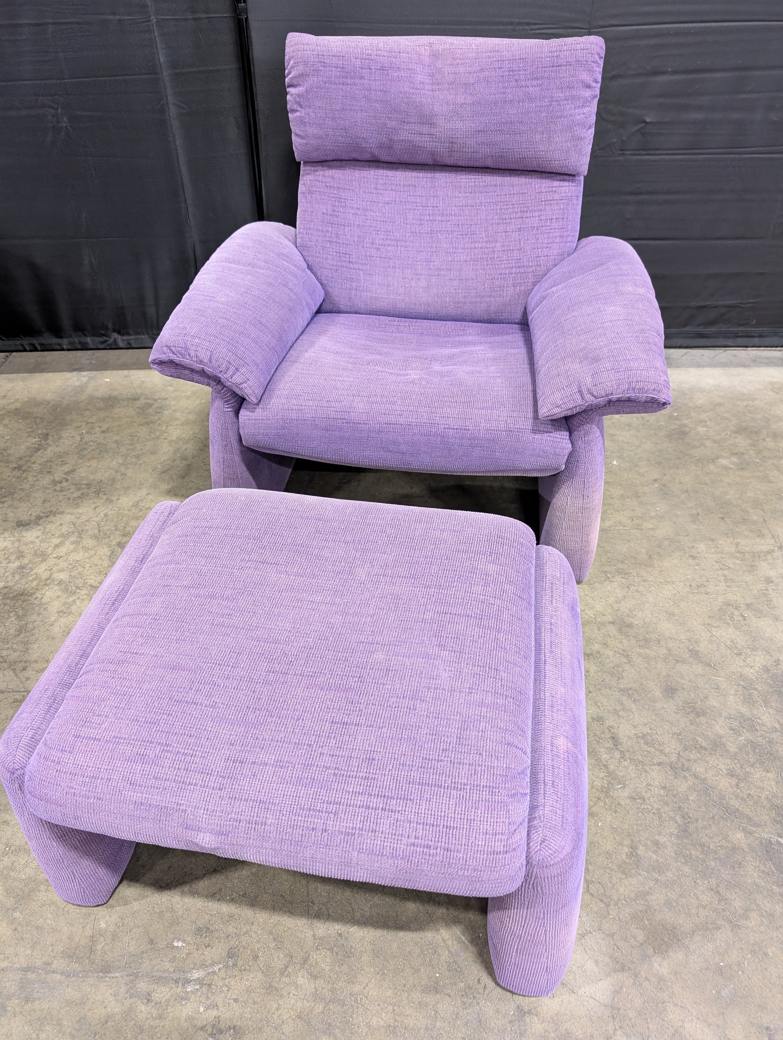 Used Purple Fabric Armchair with Matching Ottomans