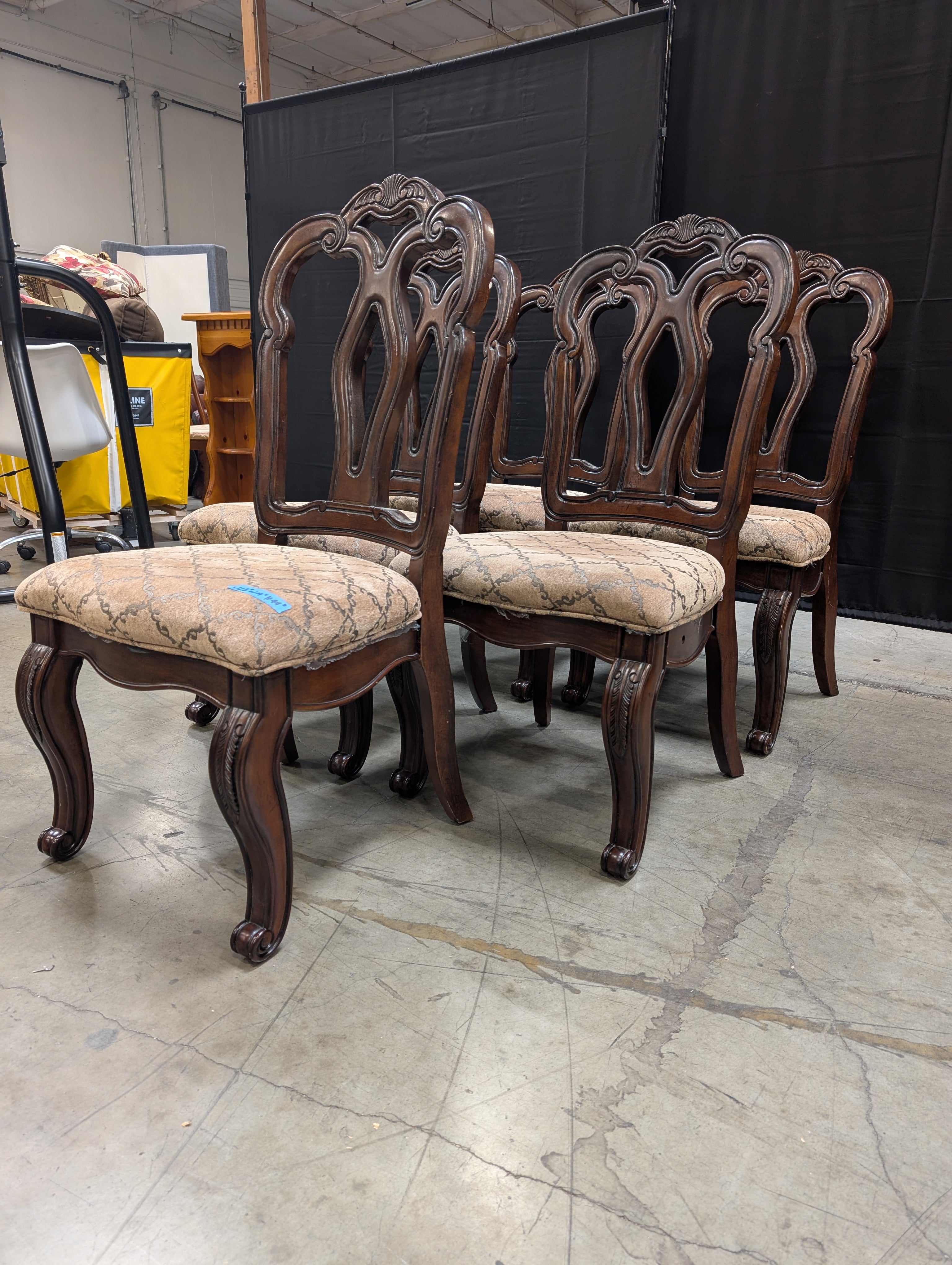 Set of Four Ornate Carved Wood Dining Chair with Patterned Upholstered Seat