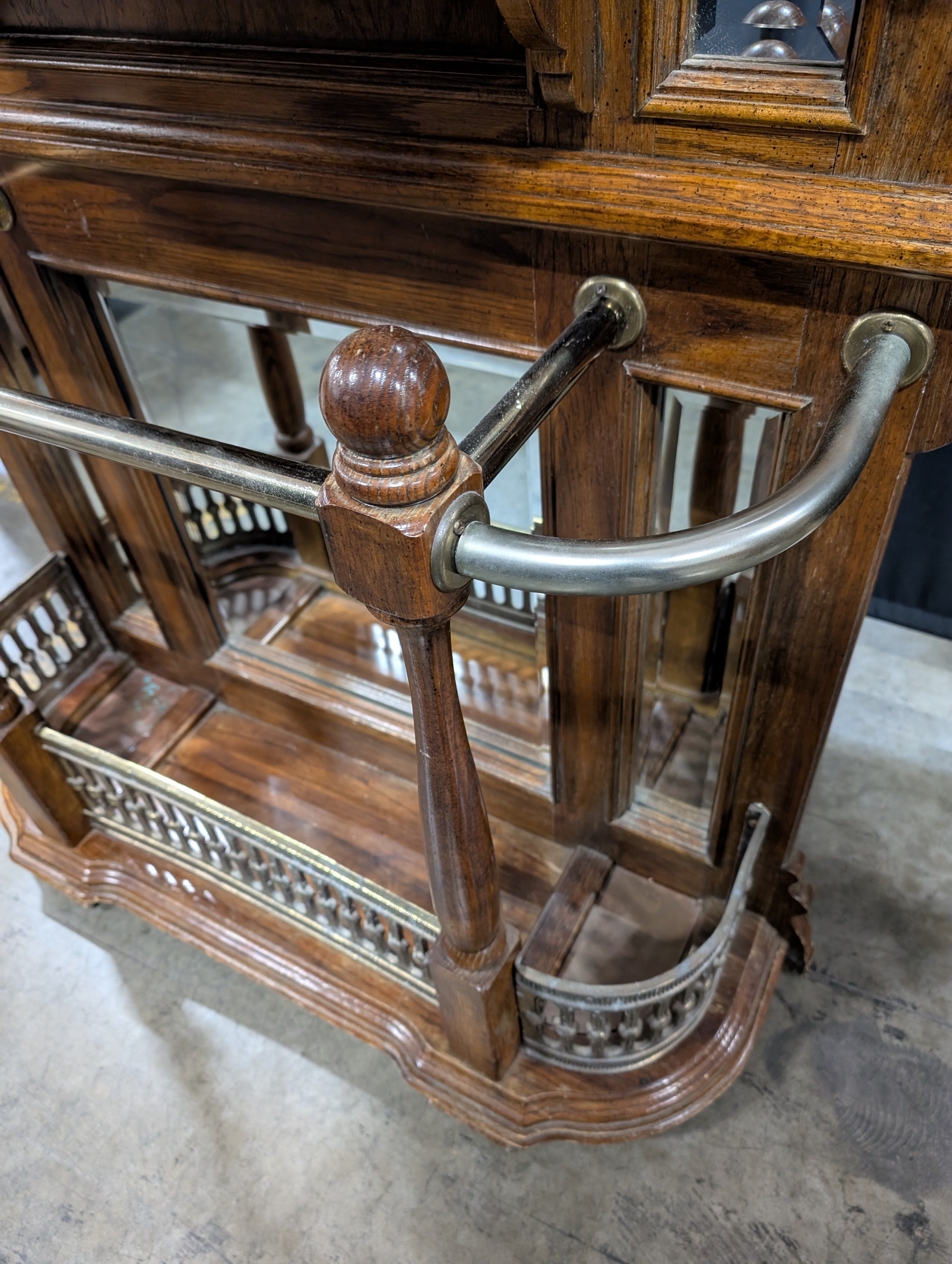 Vintage Hardwood Entryway Hall Tree with Mirror and Brass Accents