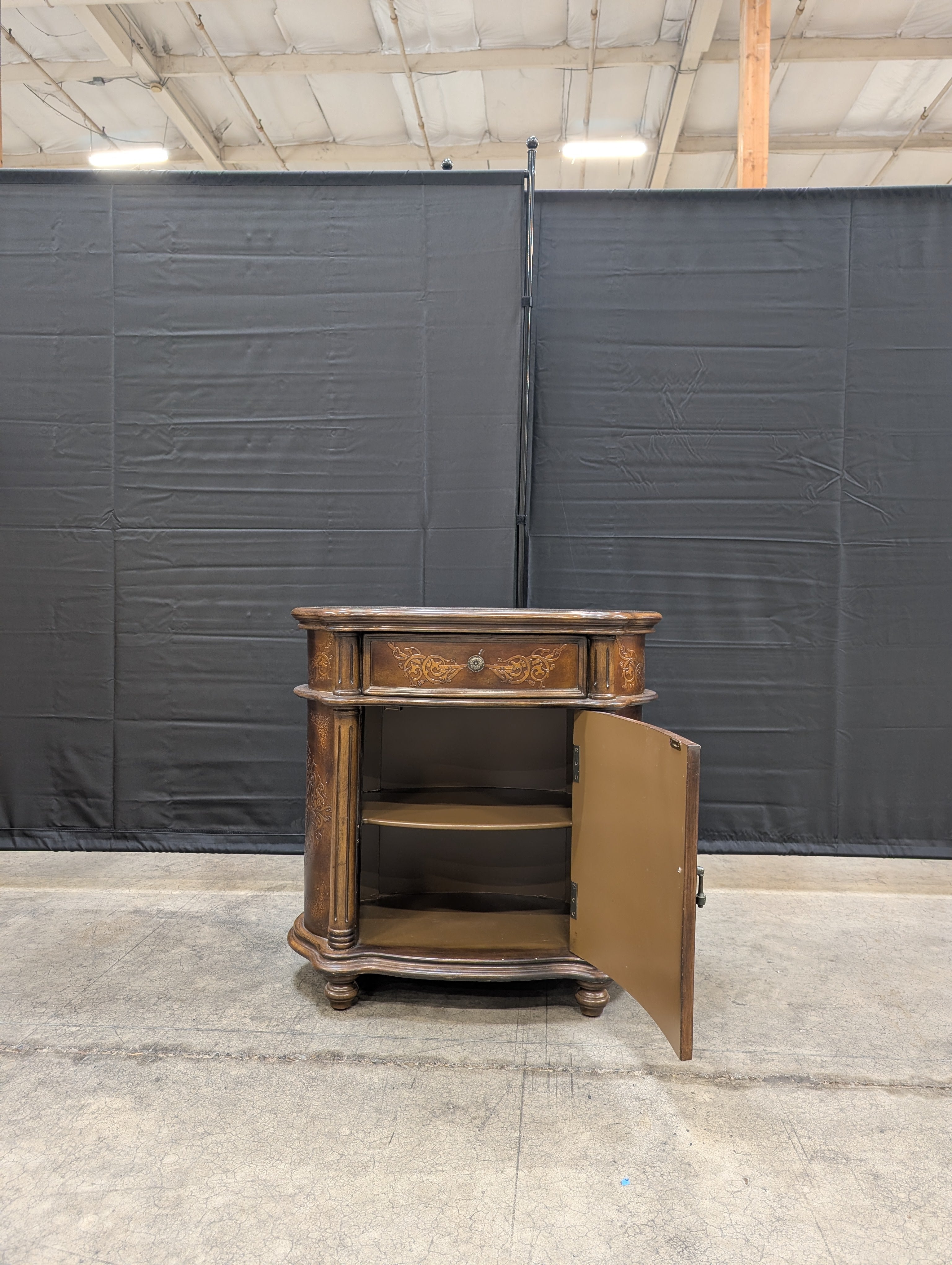 Ornate Dark Wood Accent Cabinet with Drawer