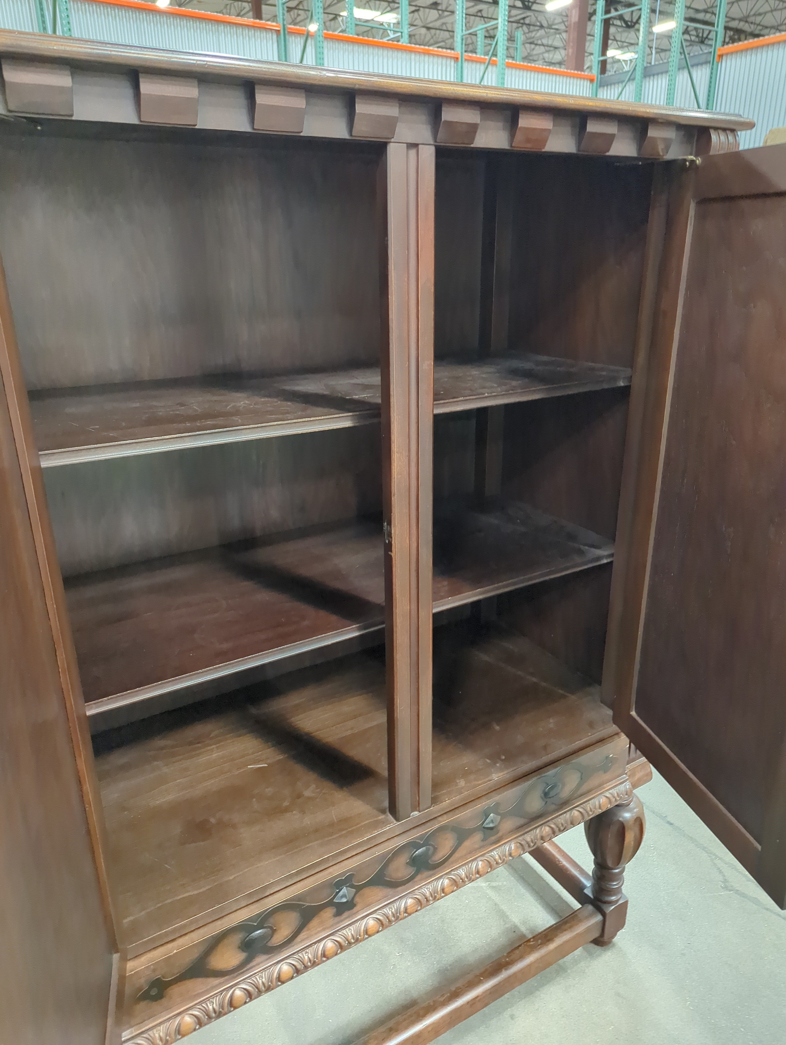 Vintage Dark Wood Display Cabinet with Carved Details