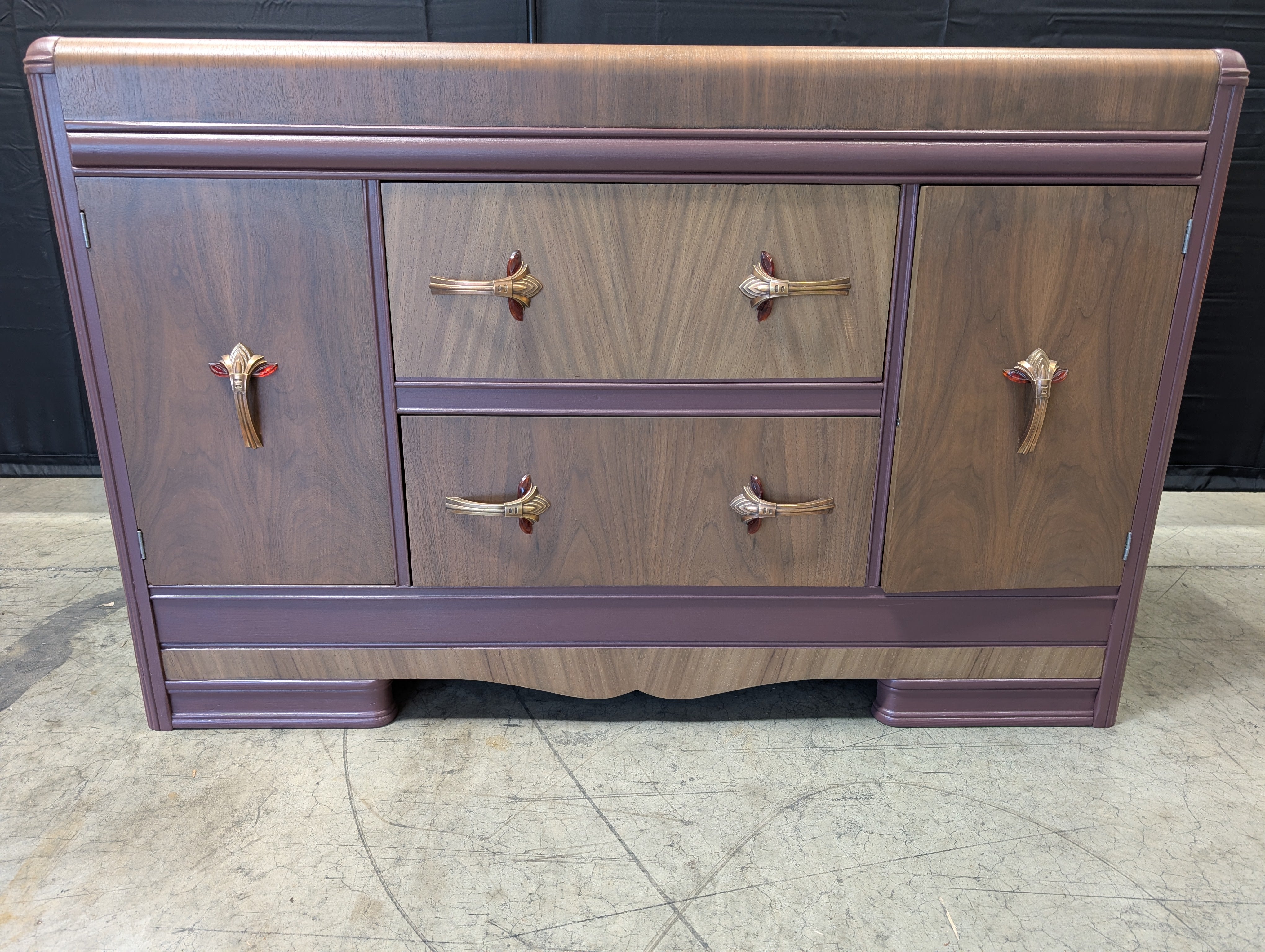 Vintage Art Deco Waterfall Wood Sideboard Cabinet