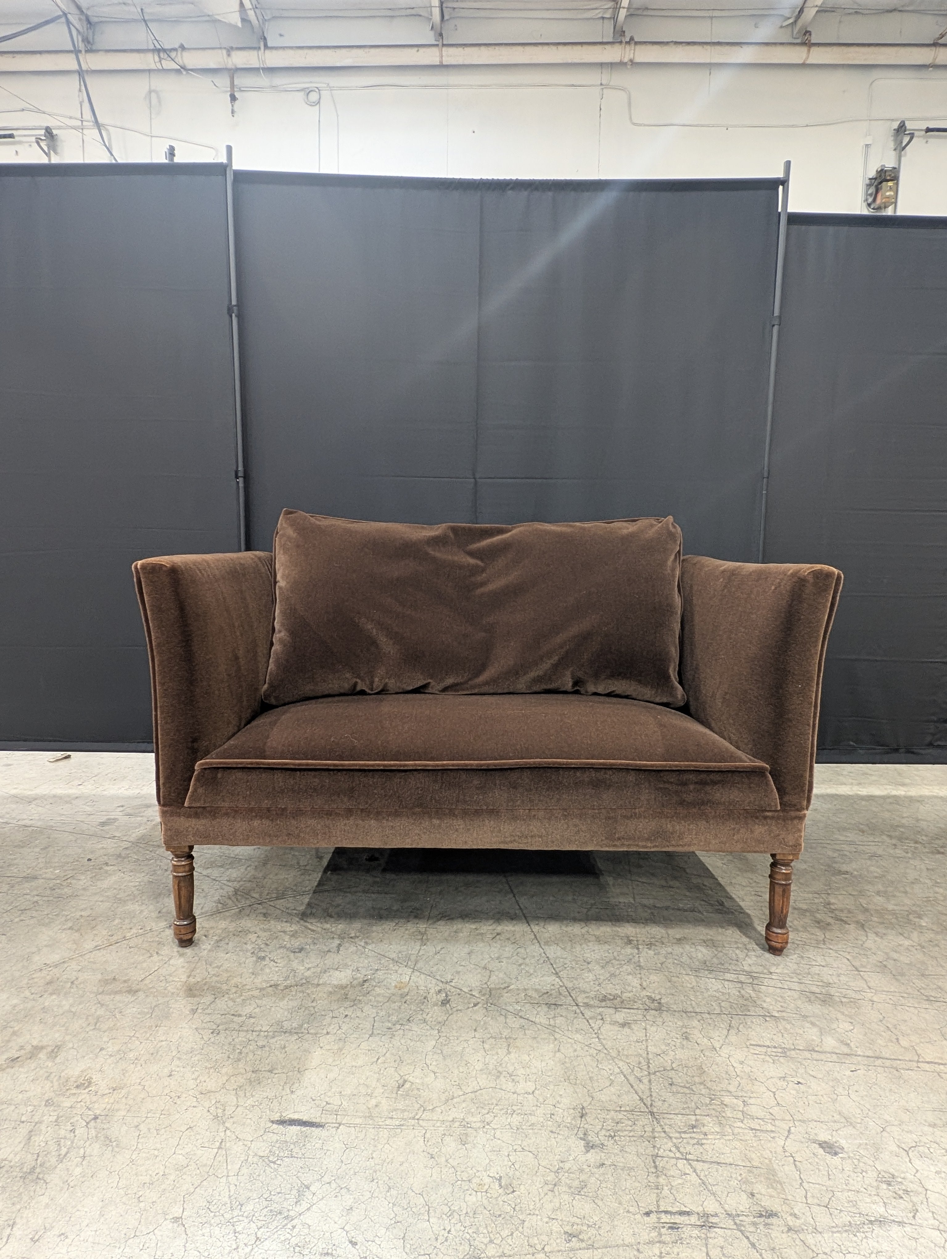 Brown Velvet Two-Seater Settee with Tapered Legs