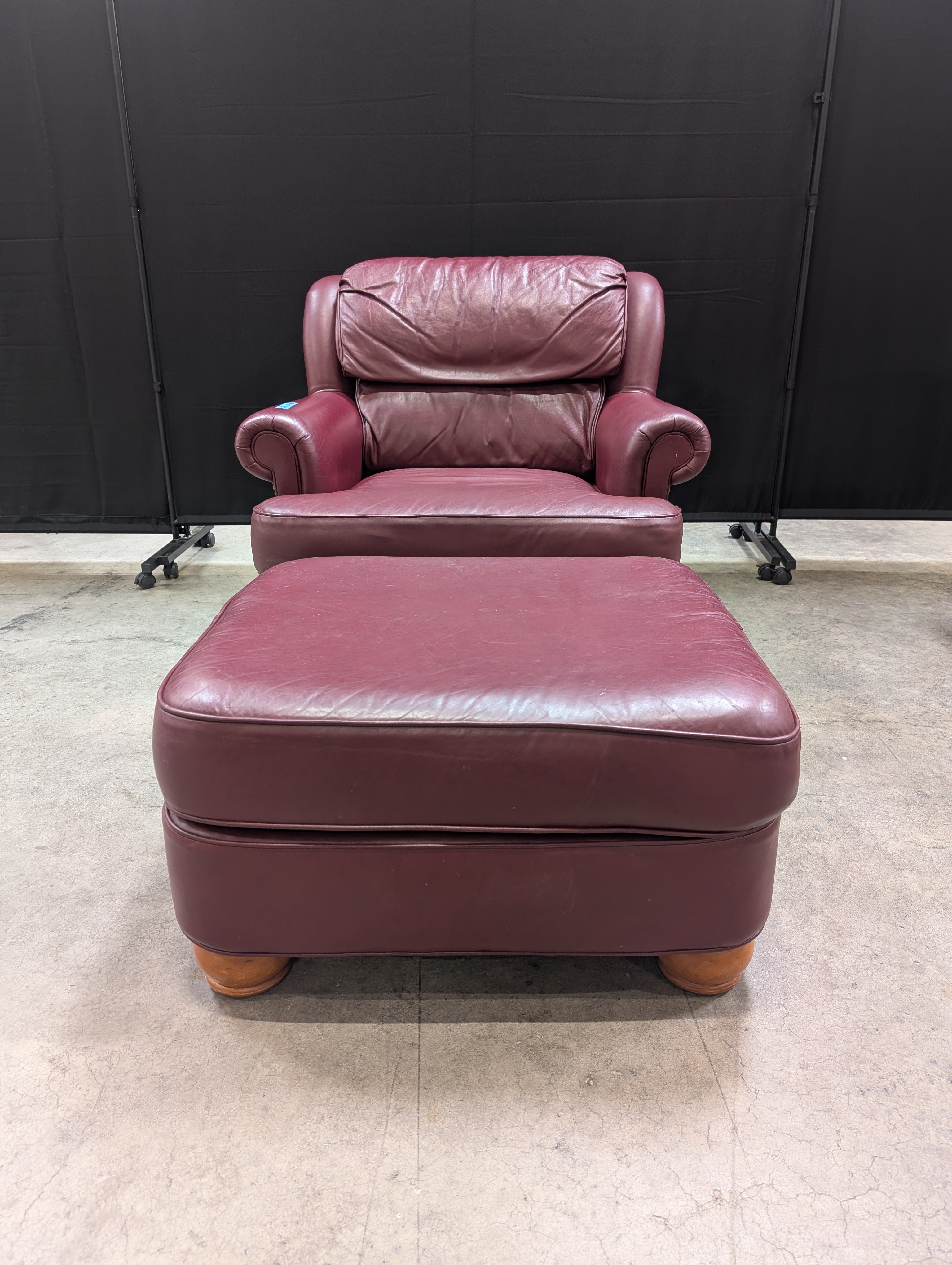 Deep Red Thomasville Leather Club Chair and Ottoman Set