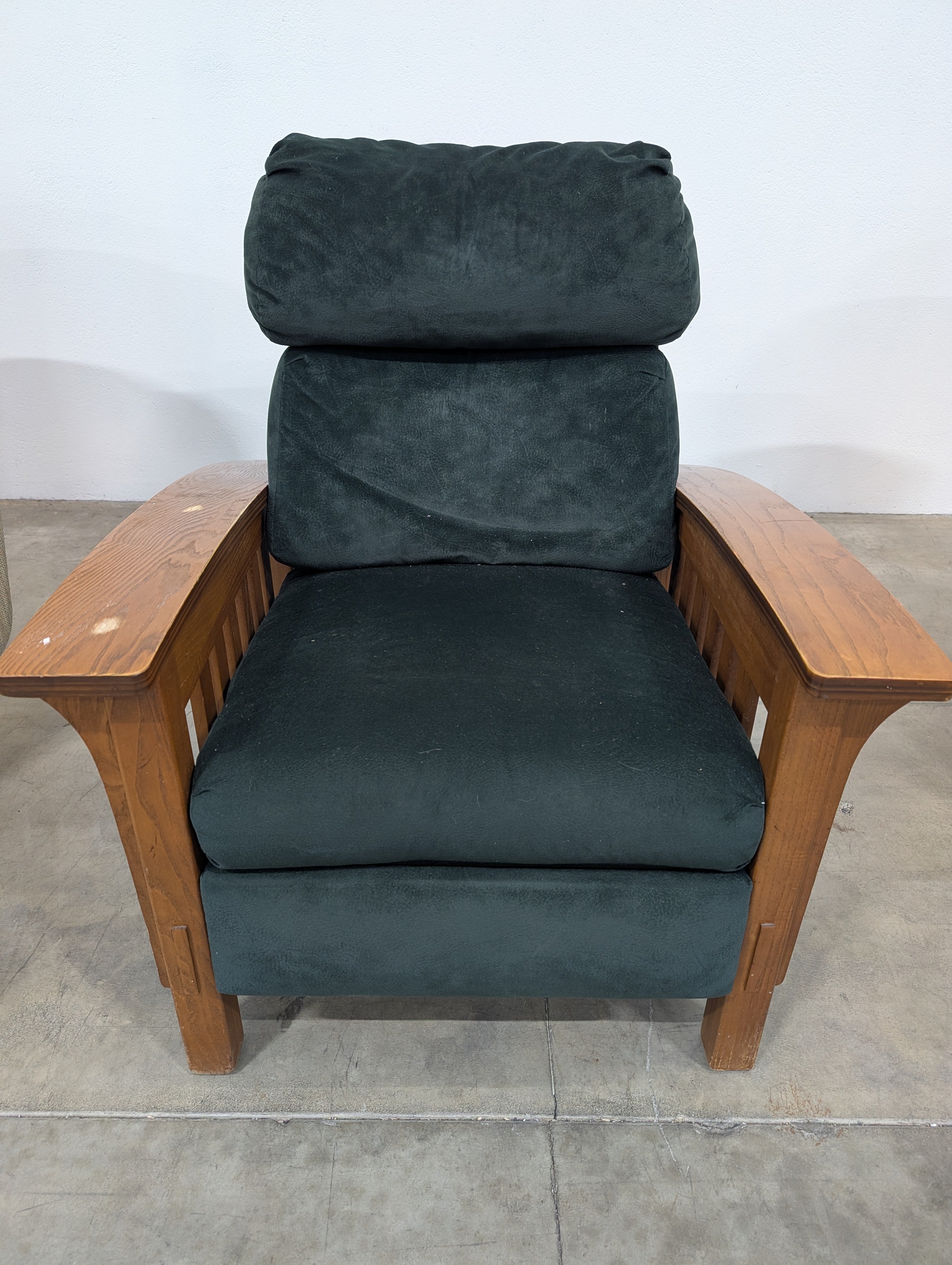 Mission Style Oak Armchair with Forest Green Upholstery