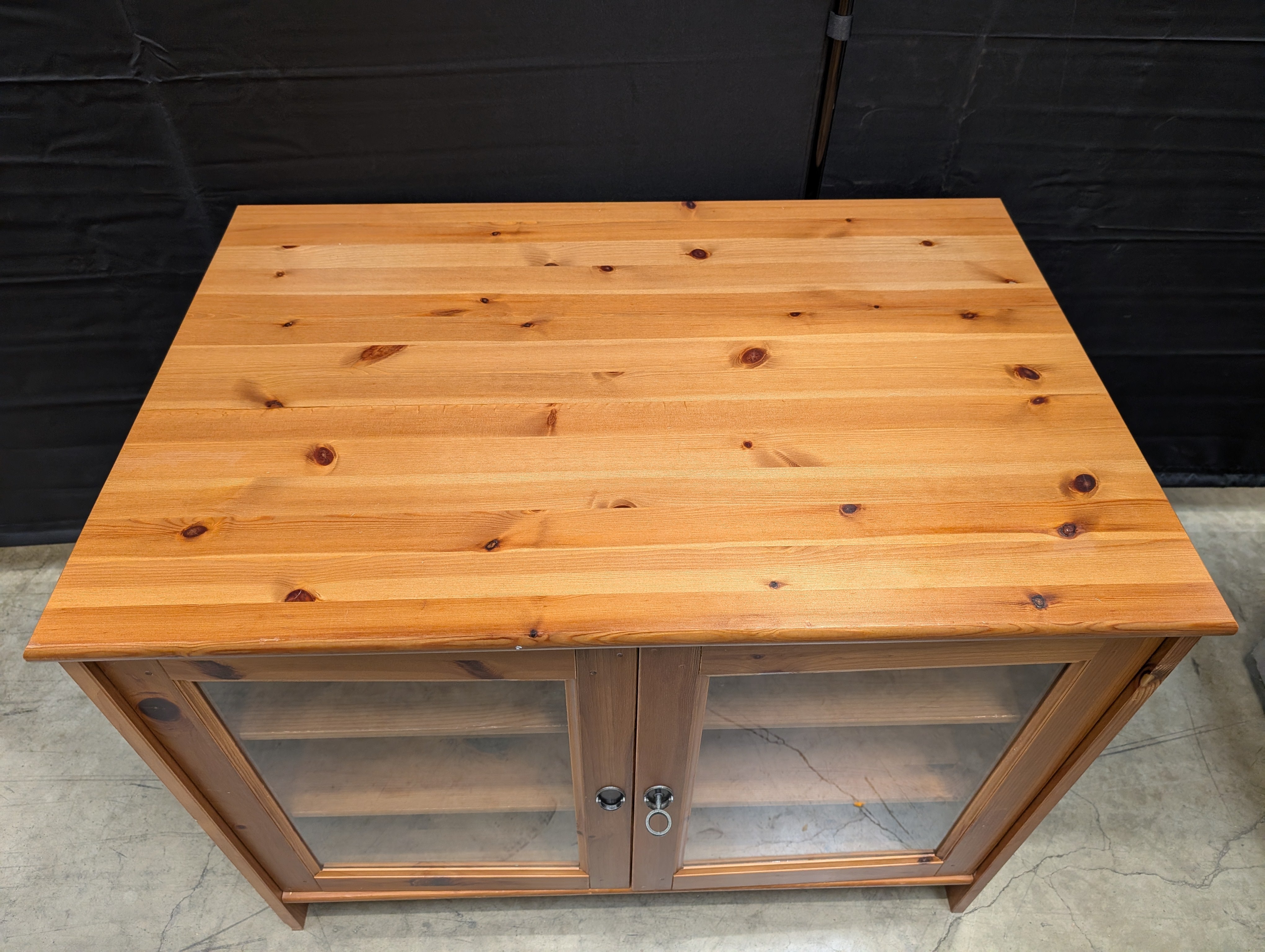 Rustic Pine Finish Display Cabinet with Glass Doors