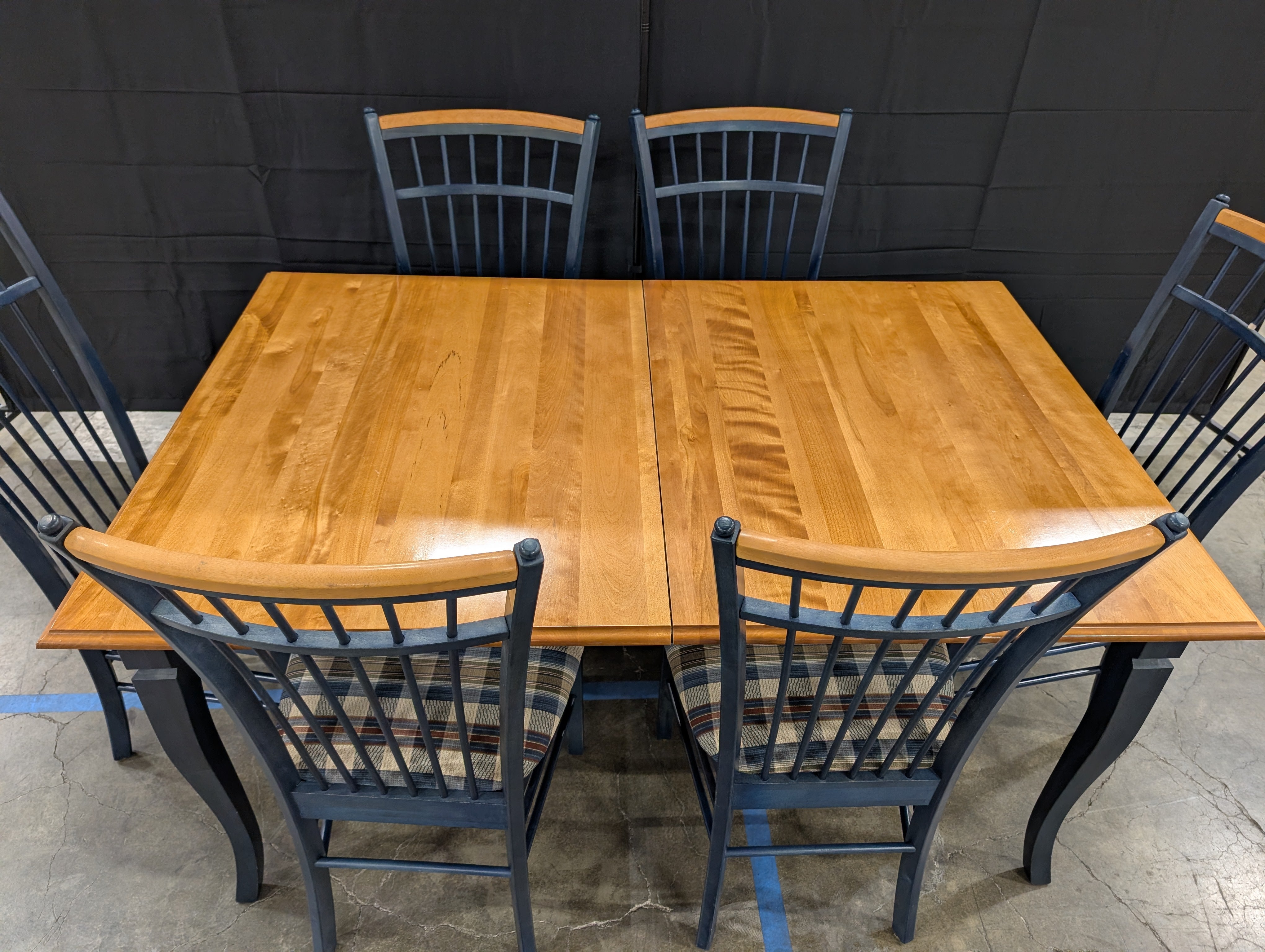Blue Trim Wood Dining Table with Leaf and Six Plaid Upholstered Chairs
