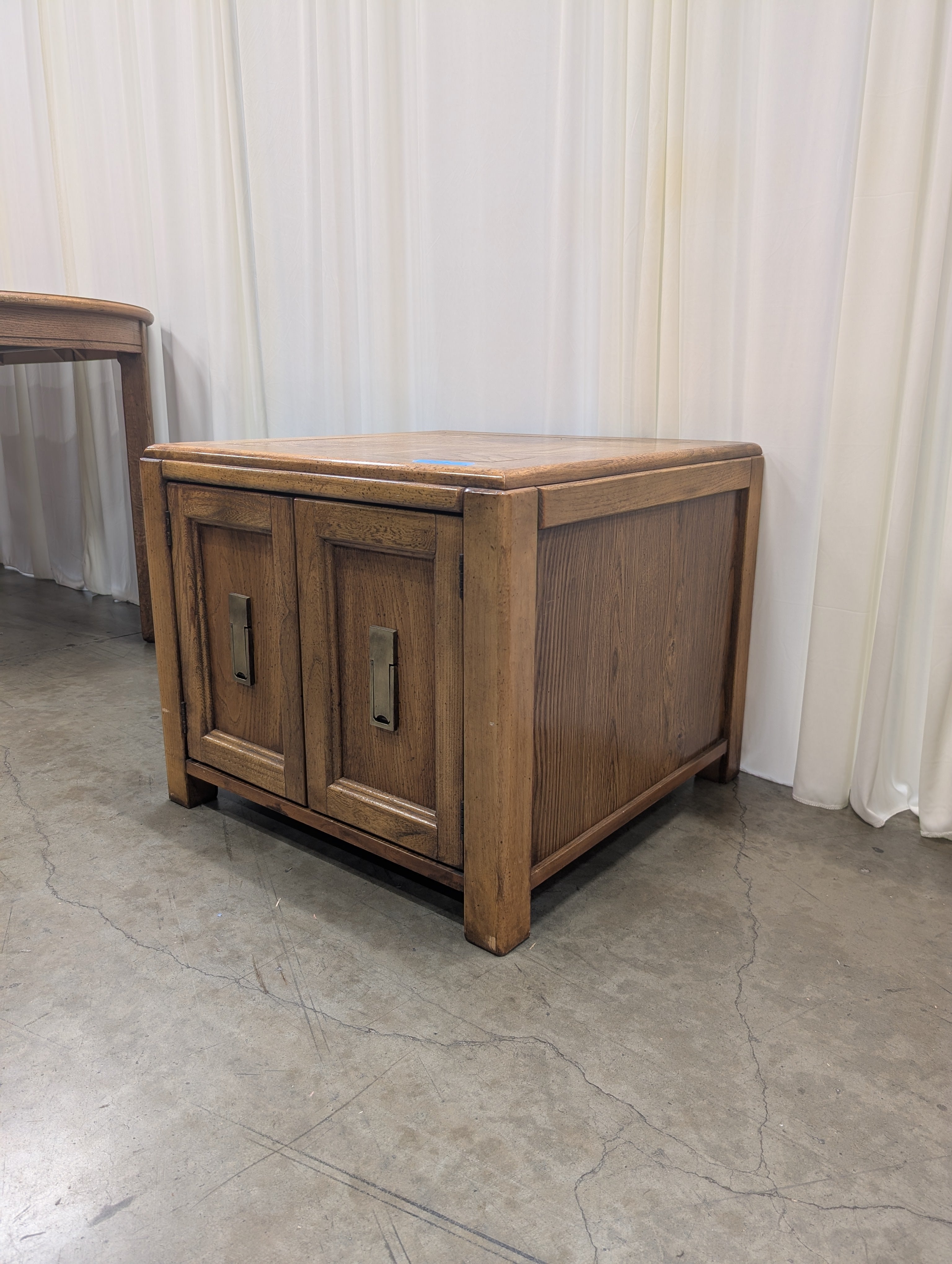 Vintage Oak Two-Door End Table with Brass Pulls