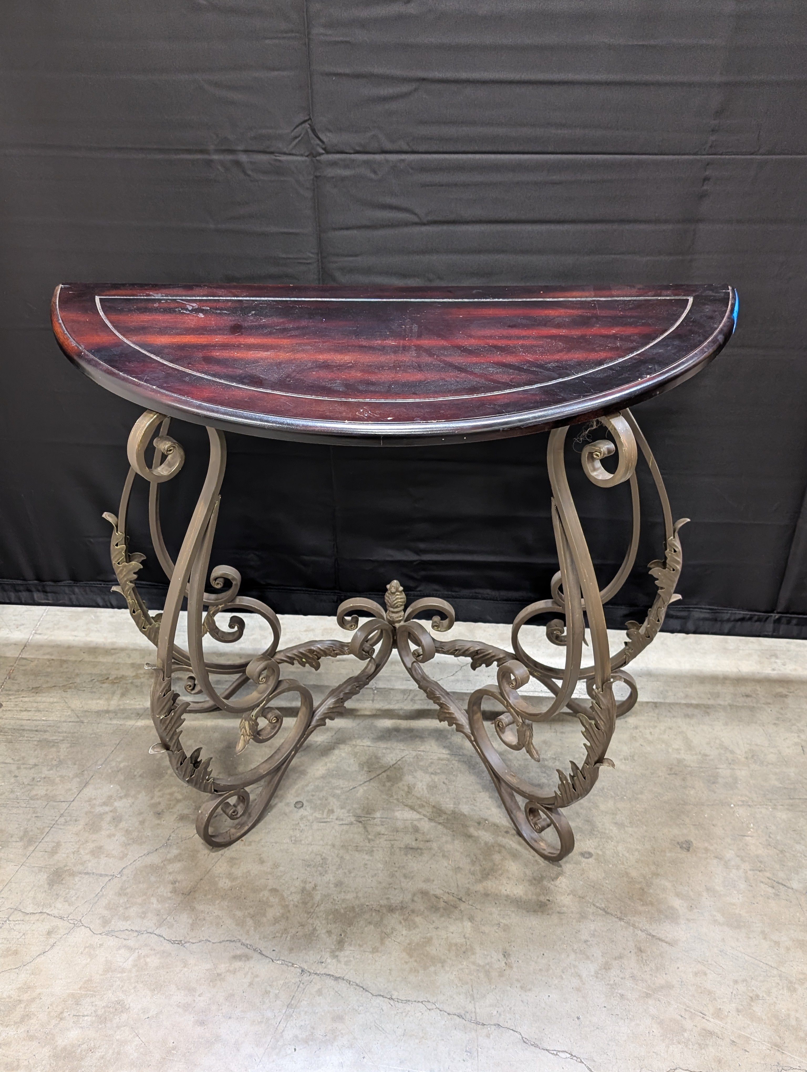 Demilune Console Table with Dark Wood Top and Scroll Metal Base
