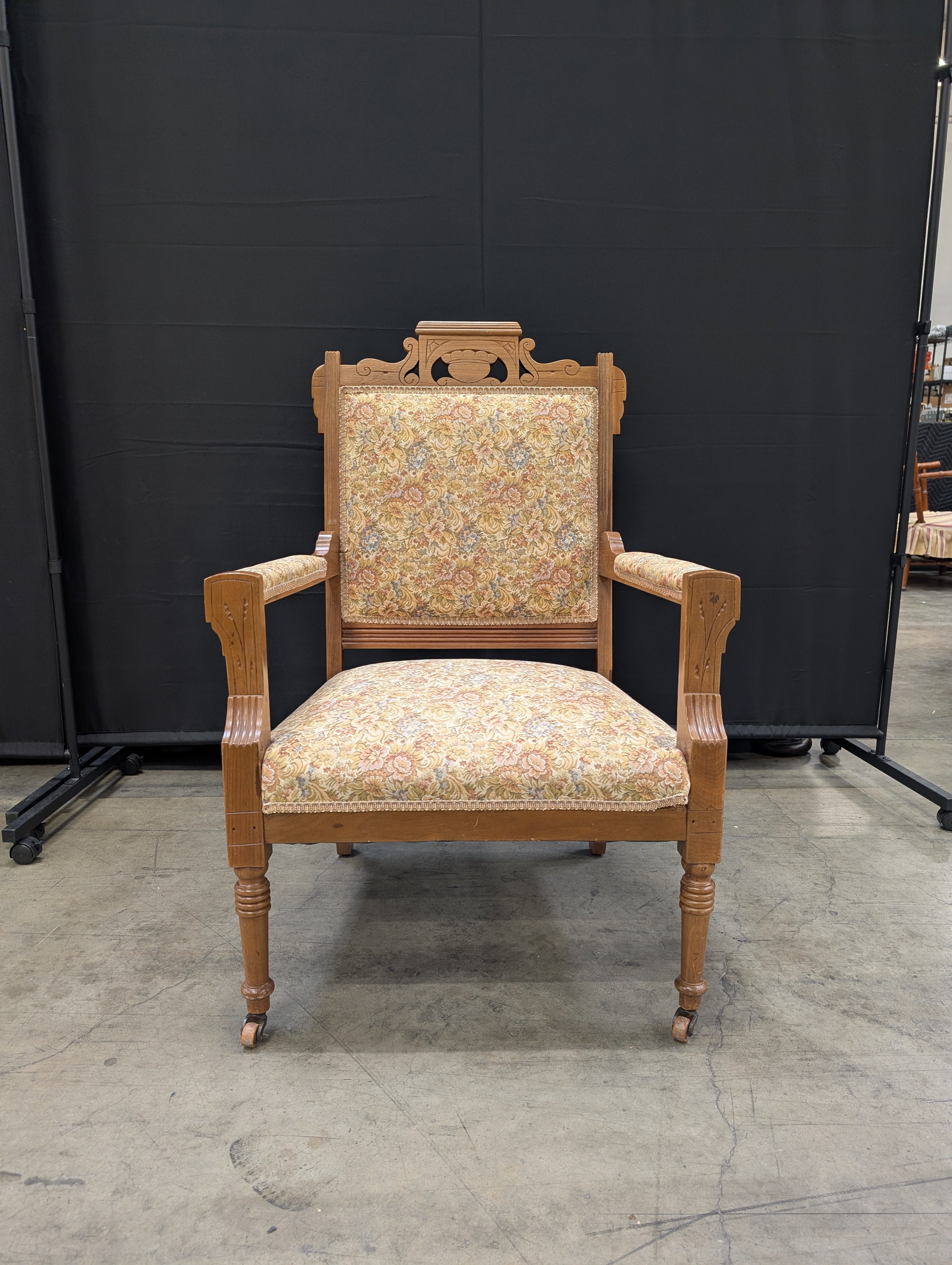Vintage Carved Wood Armchair with Floral Upholstery