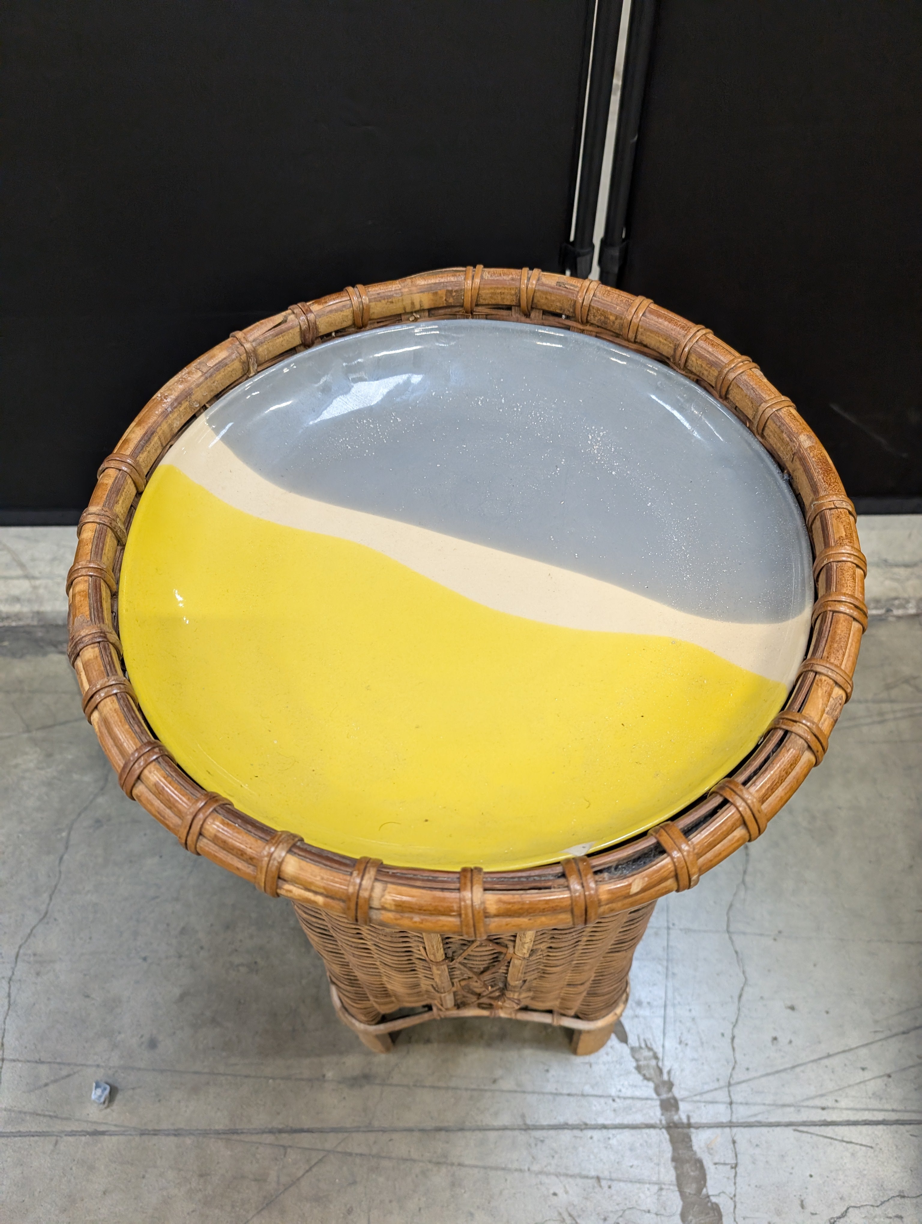 Woven Rattan Side Table with Round Two-Tone Top