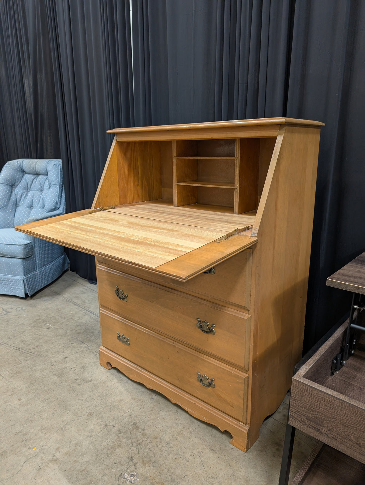 Natural Tone Wood Drop-Front Desk with Three Drawers