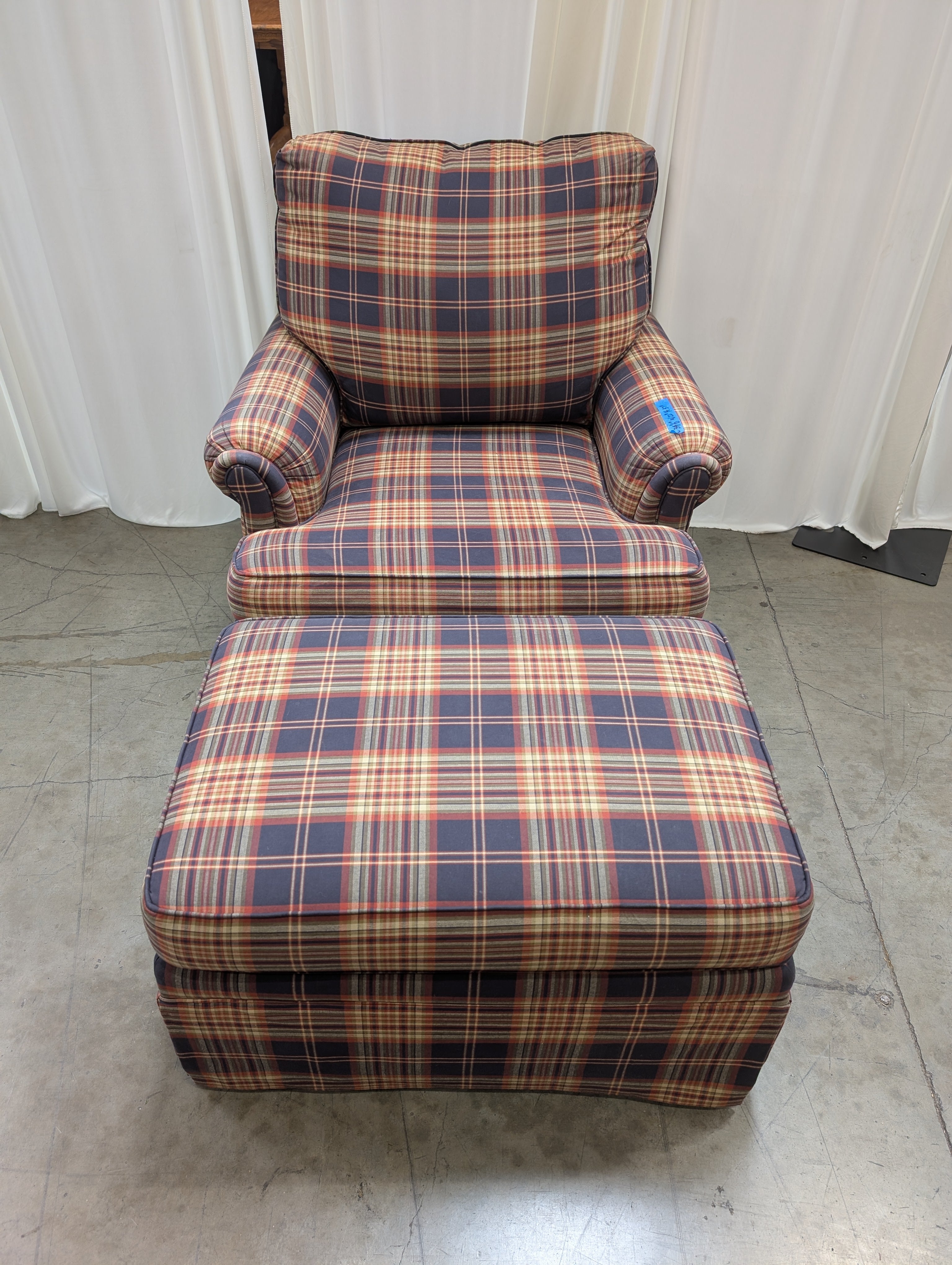 Ethan Allen Multi-Color Plaid Textile Armchair and Ottoman